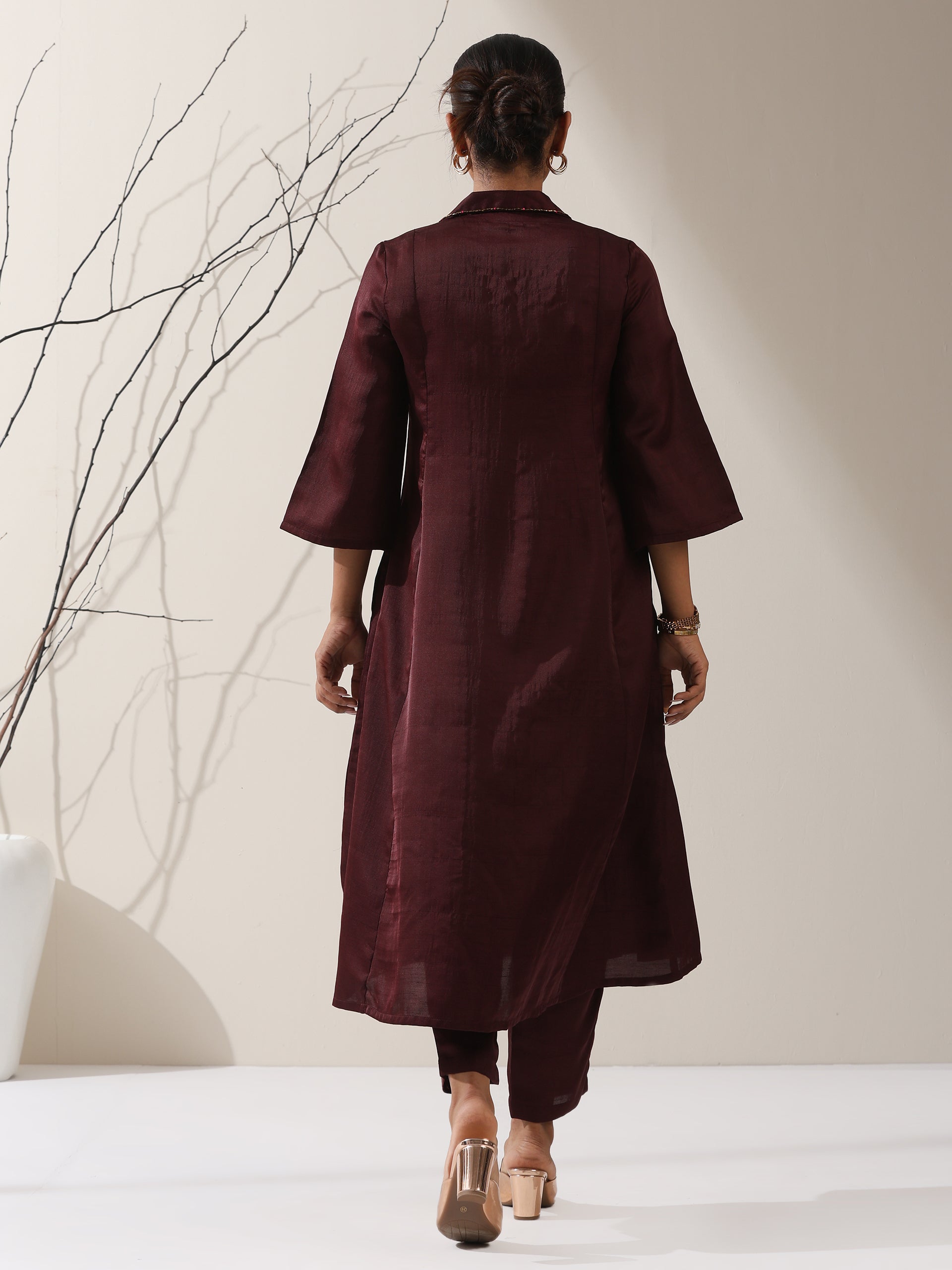 Women's Chocolate Prf't Lux Bib Collar Kurta with Bead Detailing & Pants | 2 Pc Set, Luxe Ethnic Co-ord, Rich Festive Ensemble