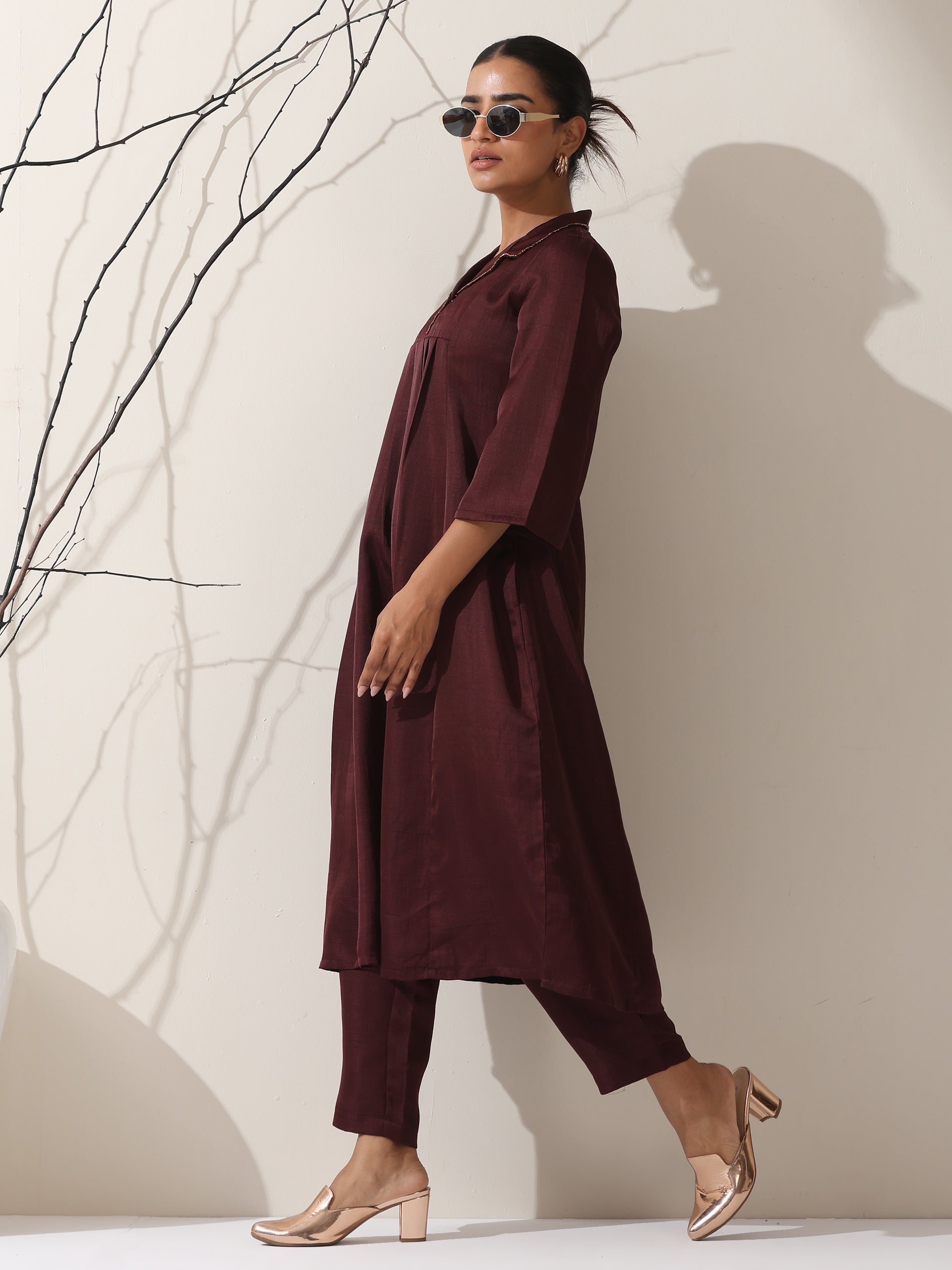 Women's Chocolate Prf't Lux Bib Collar Kurta with Bead Detailing & Pants | 2 Pc Set, Luxe Ethnic Co-ord, Rich Festive Ensemble