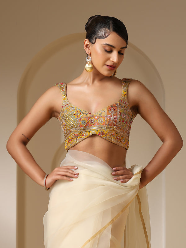 Embroidered Yellow and Green Blouse with Pendant Tie