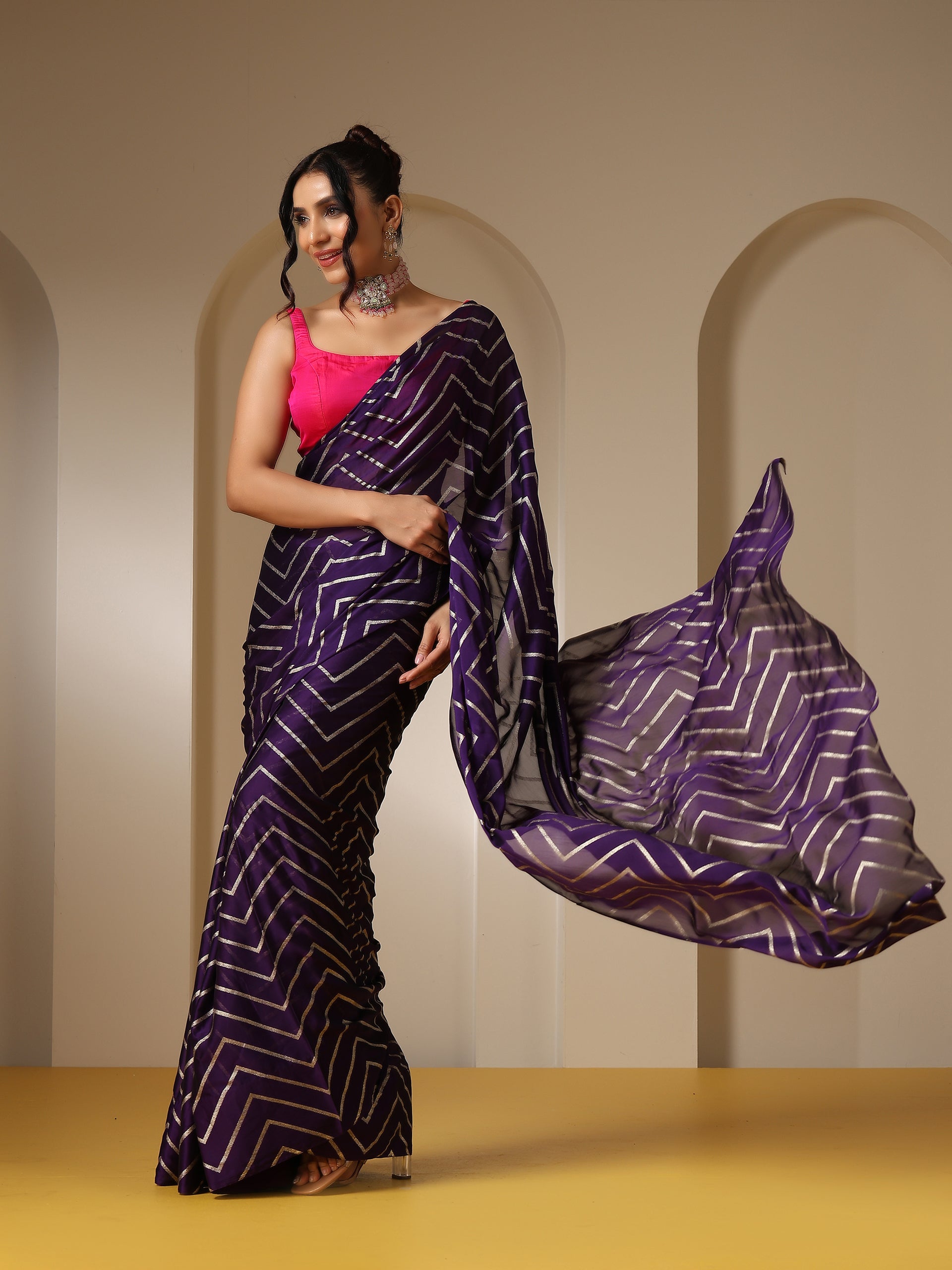 Shahteer Purple Chiffon Saree with Gold Print and Blouse Fabric