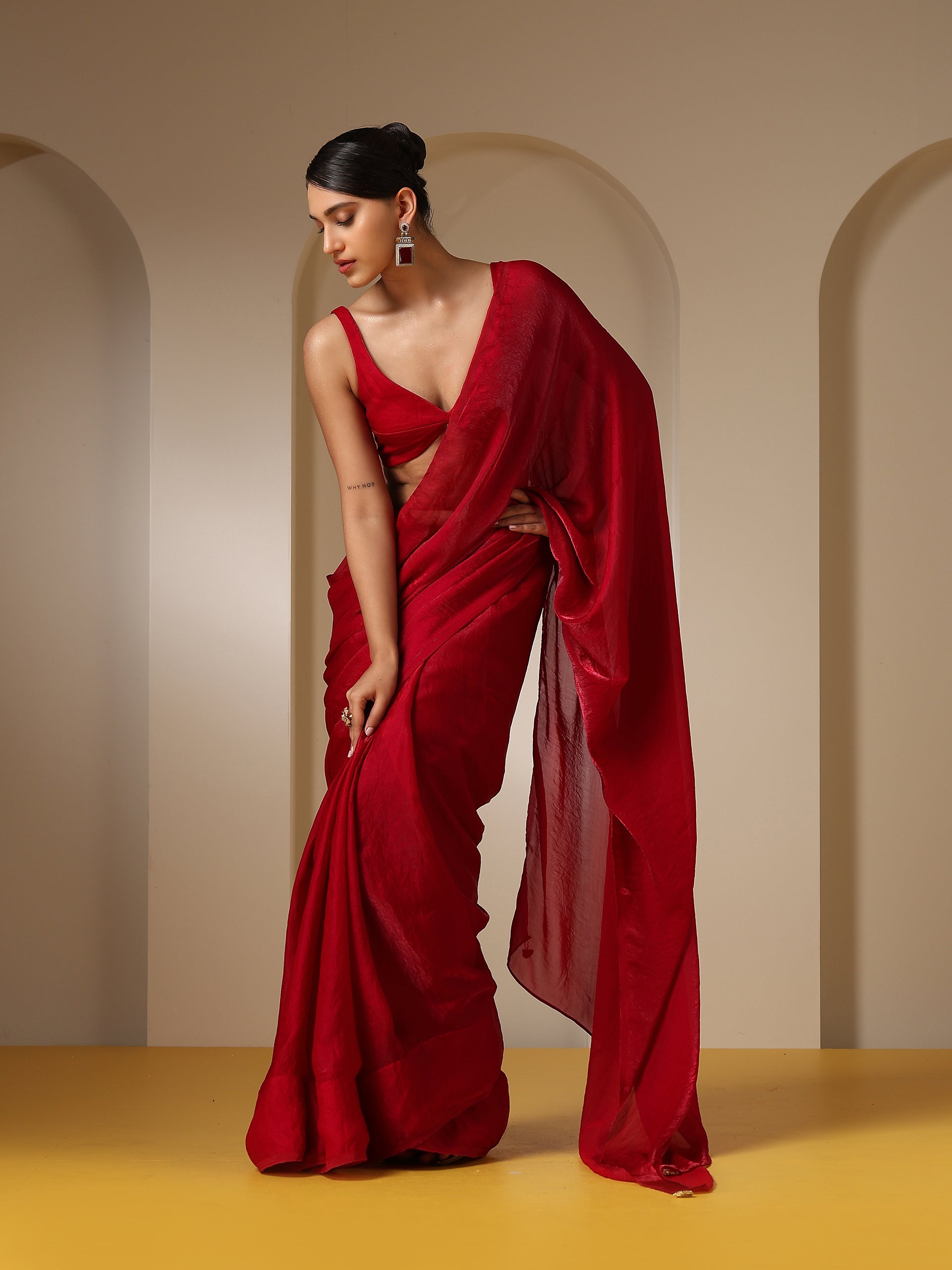 Metallic Fuchsia Red Satin Saree with Pendants and Self Blouse Fabric