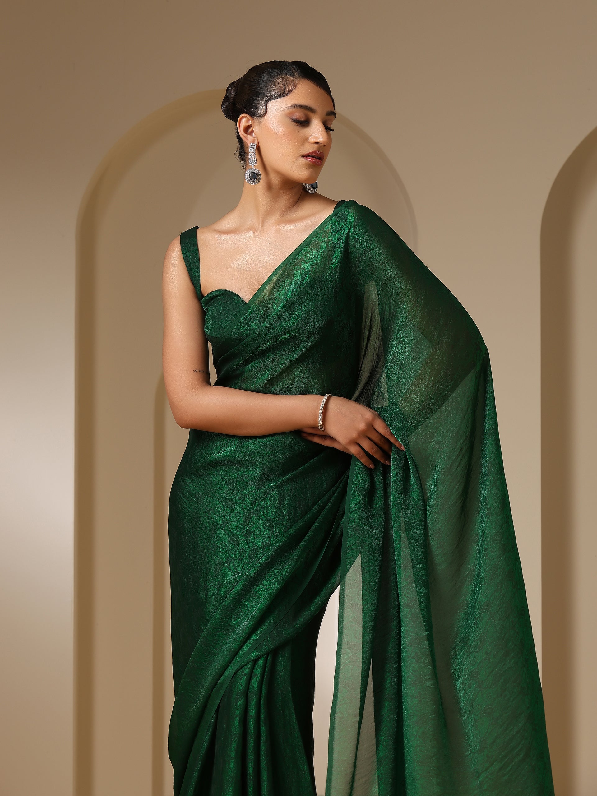 Colour Me Earth Green Paisley Chiffon Saree with Beaded Pendants & Blouse Fabric