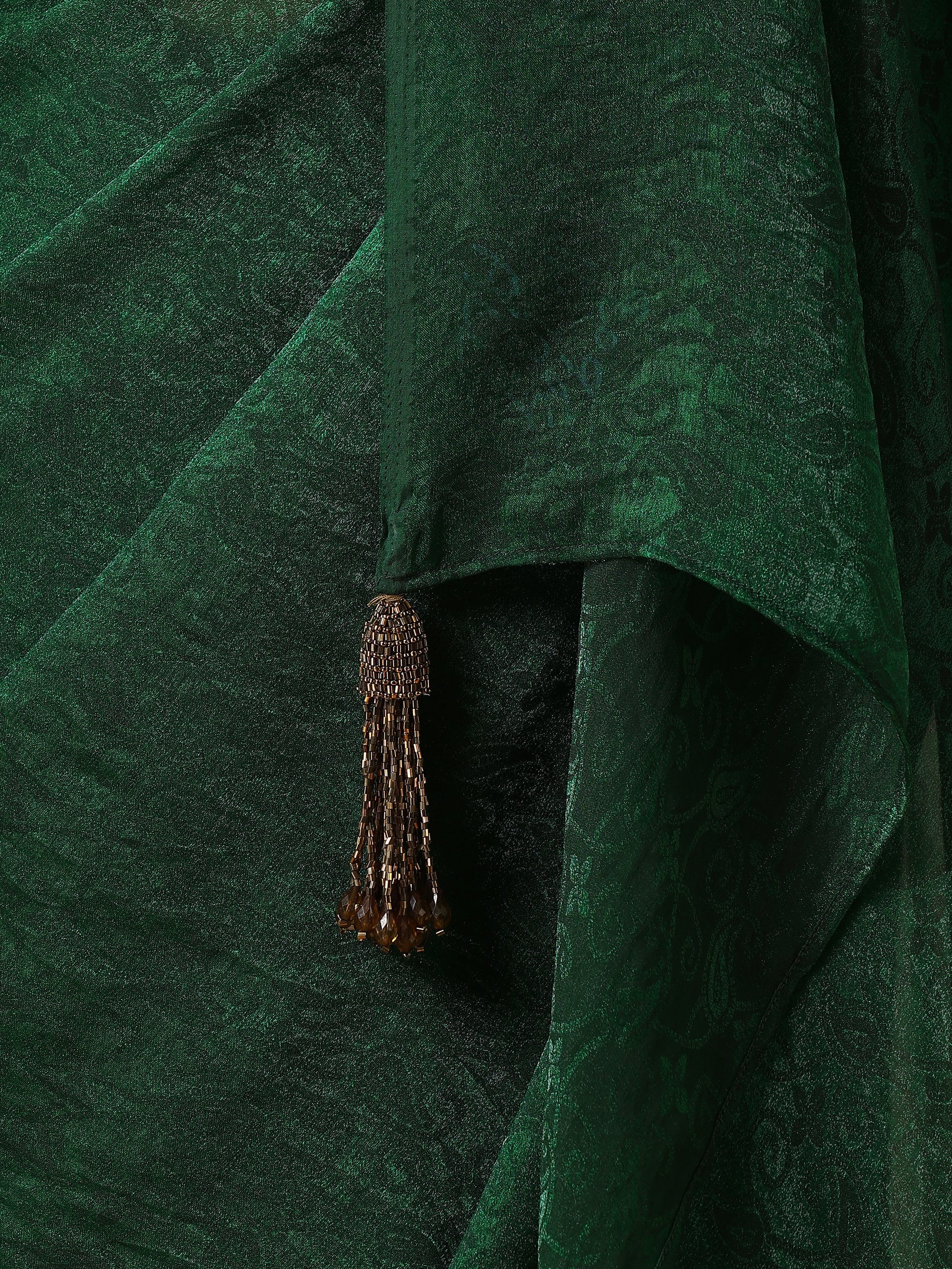 Colour Me Earth Green Paisley Chiffon Saree with Beaded Pendants & Blouse Fabric