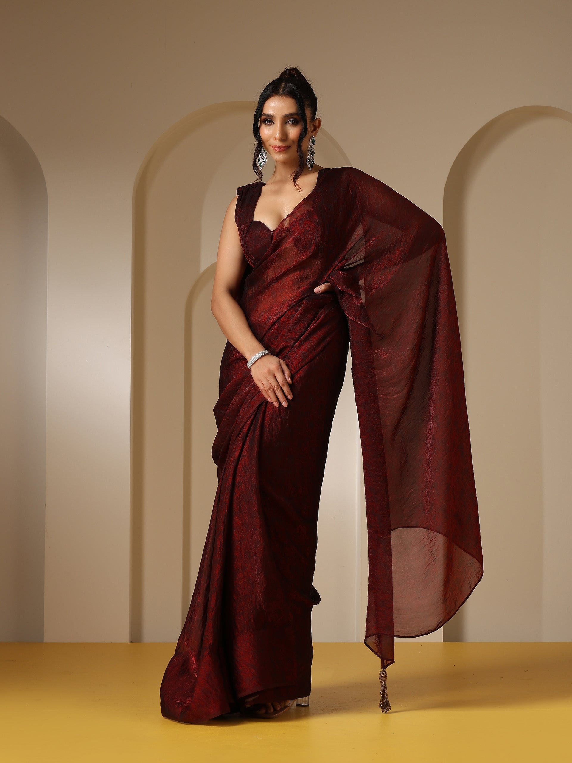 Majestic Maroon Paisley Chiffon Saree with Bronze Long Pendants with Blouse Fabric