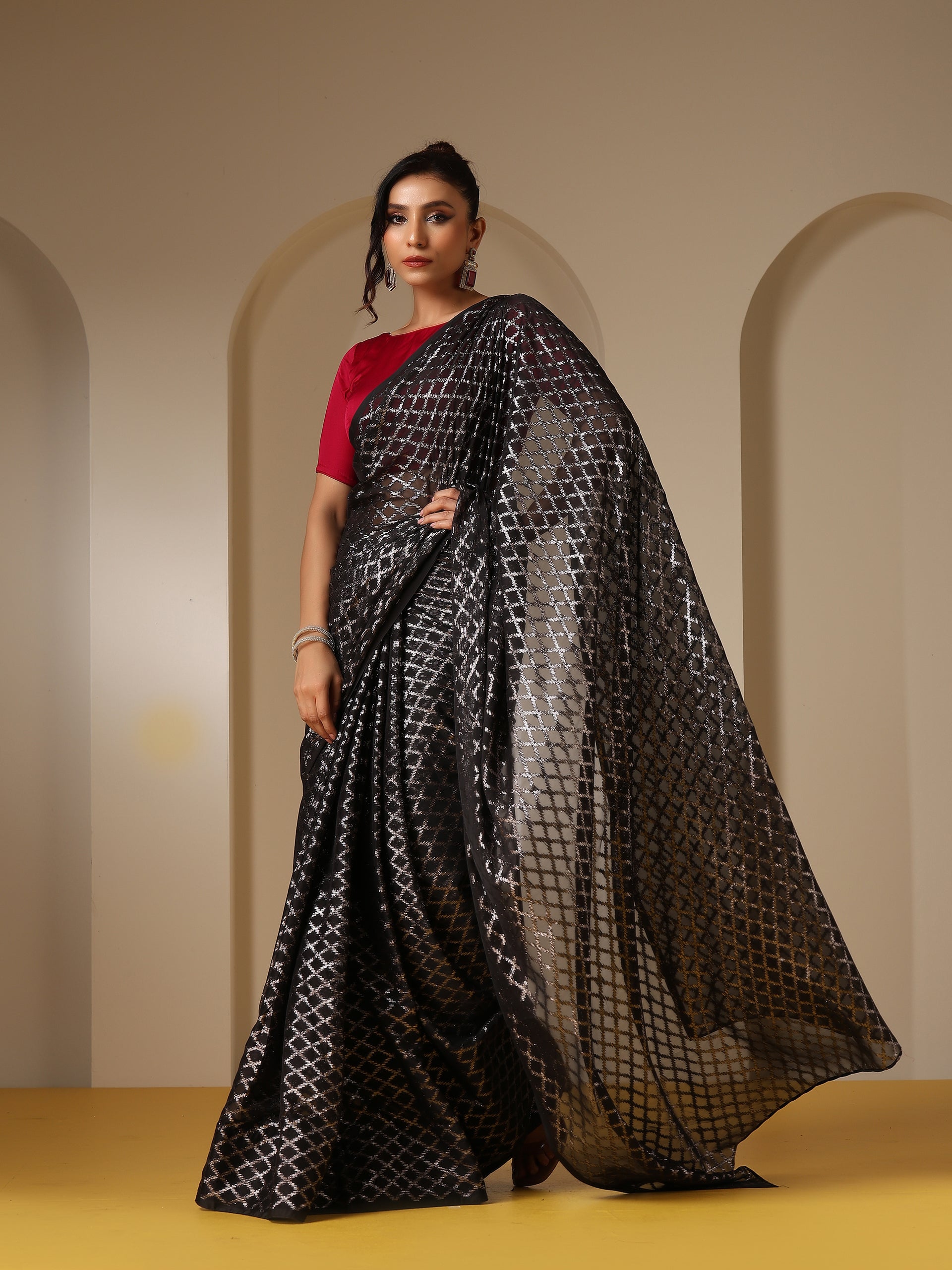 Drop Dead Black and Silver Jaal Saree with Red Satin Blouse Fabric