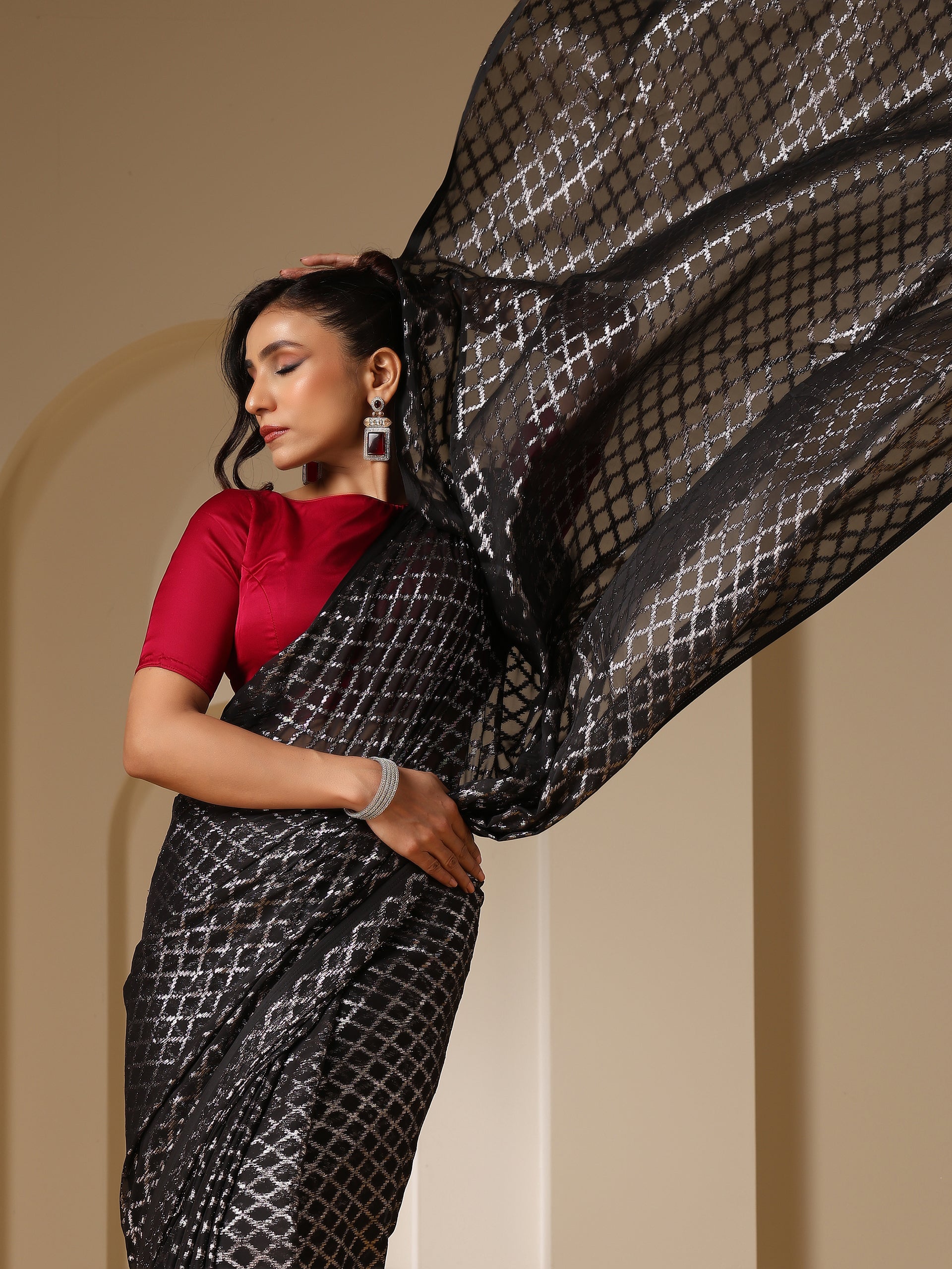 Drop Dead Black and Silver Jaal Saree with Red Satin Blouse Fabric