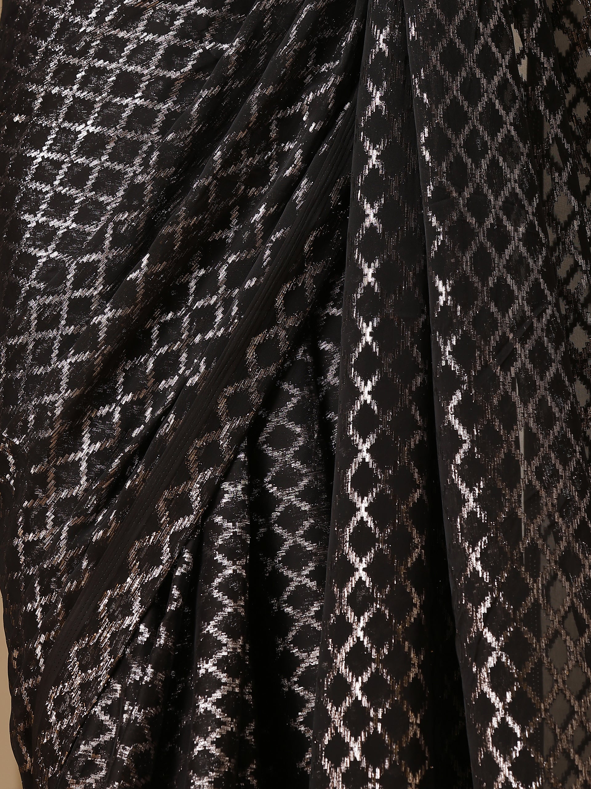 Drop Dead Black and Silver Jaal Saree with Red Satin Blouse Fabric