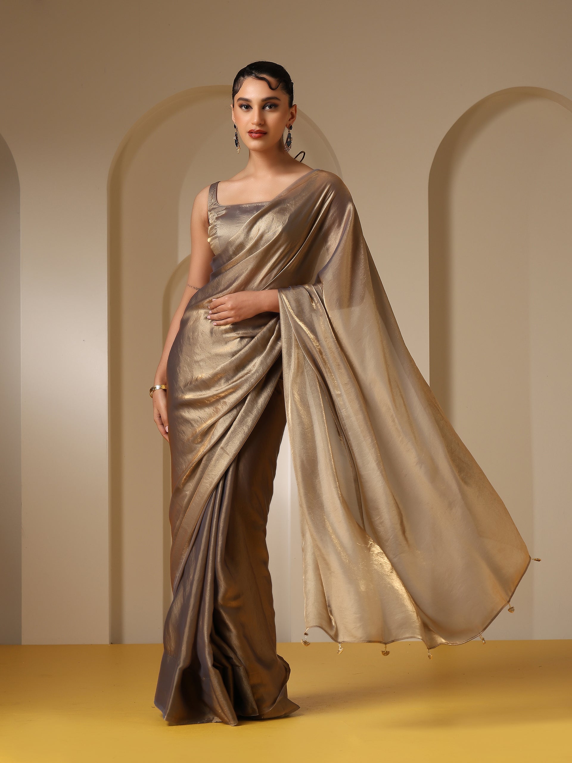 Liquid Bronze Copper Metallic Satin Saree with Blouse Fabric