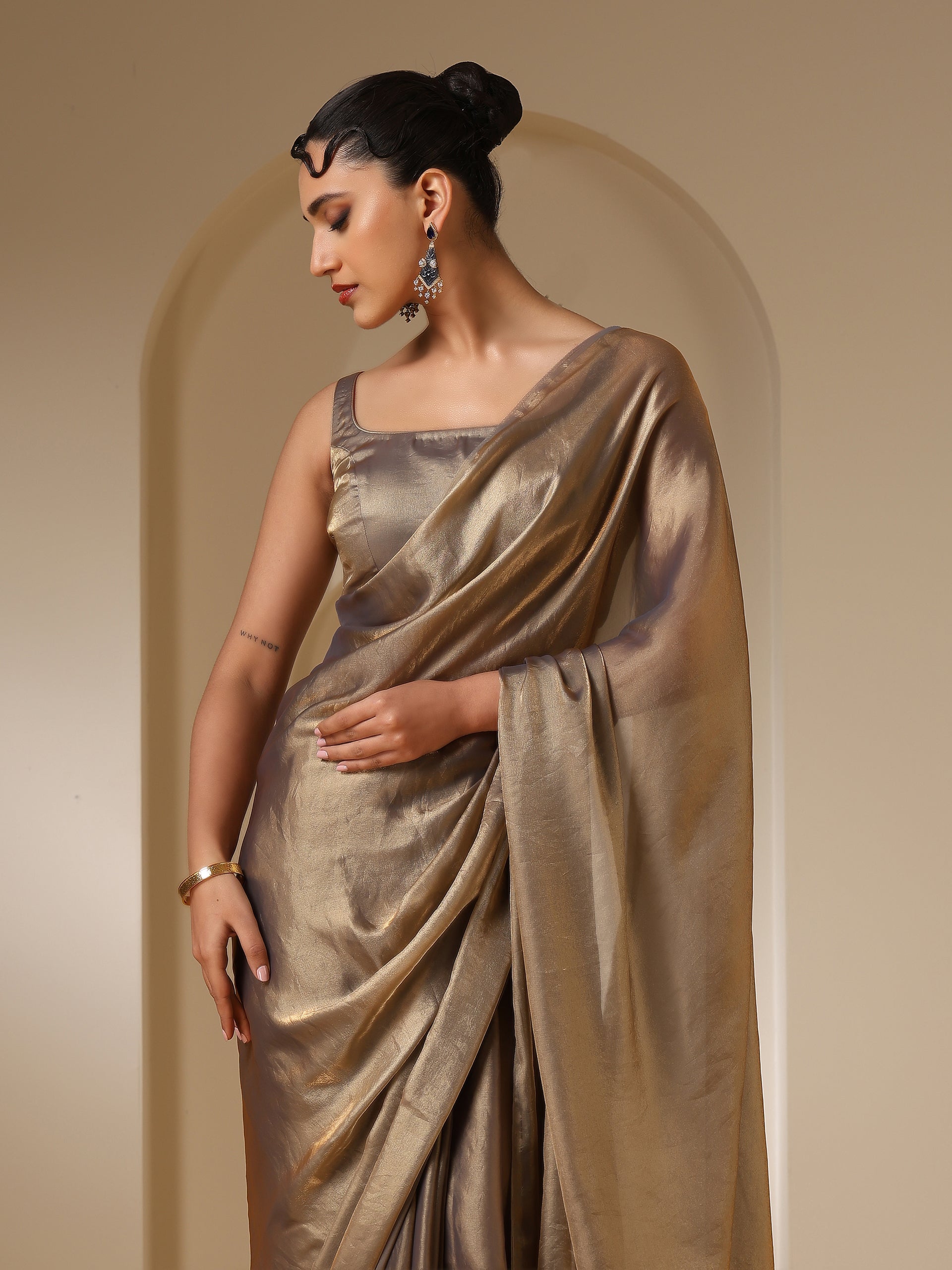 Liquid Bronze Copper Metallic Satin Saree with Blouse Fabric