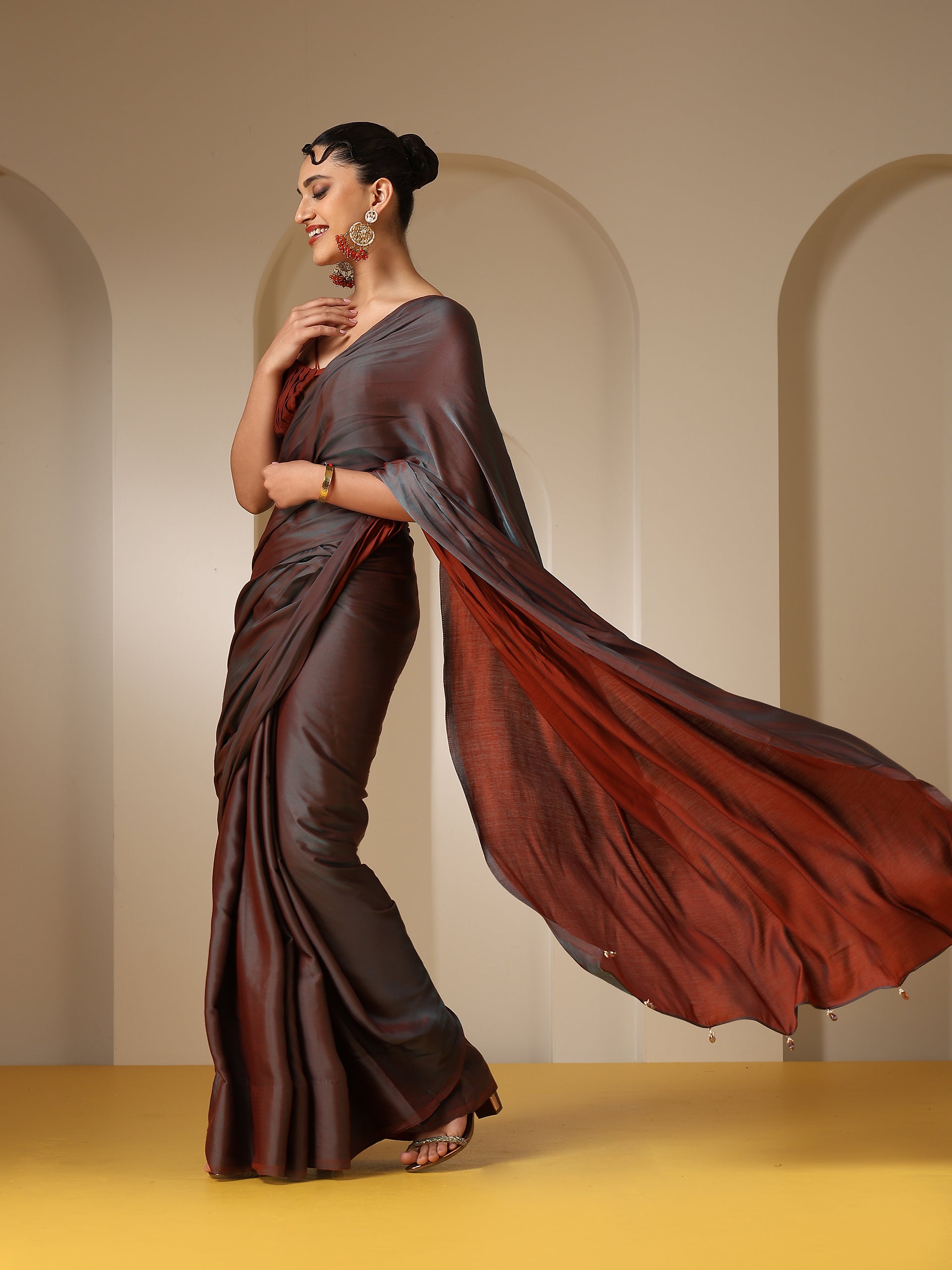 Grey and Copper Dual Color Soft Satin Saree with Blouse Fabric
