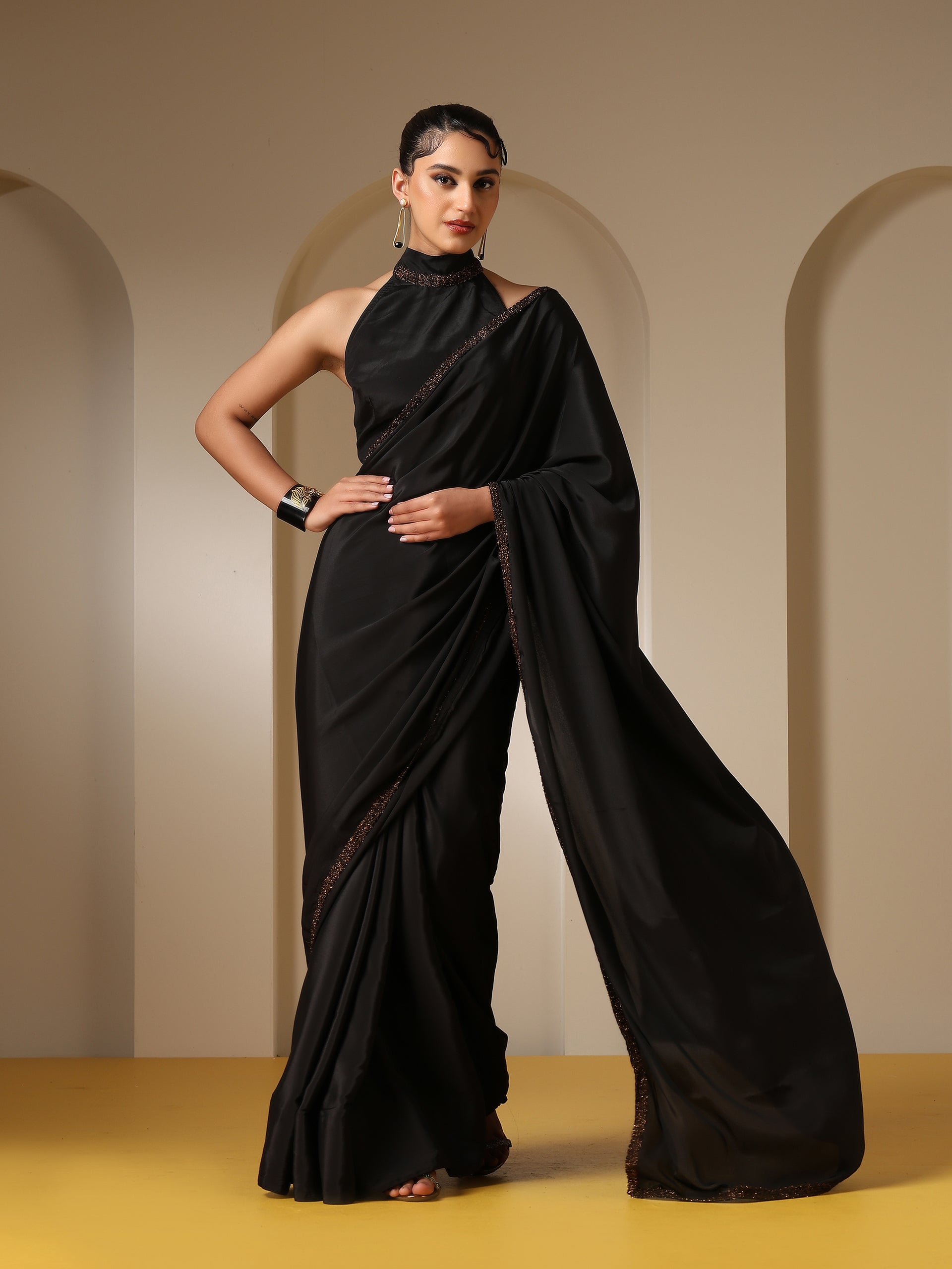 Black Crepe Saree with Bushy Lace and Self Fabric Blouse