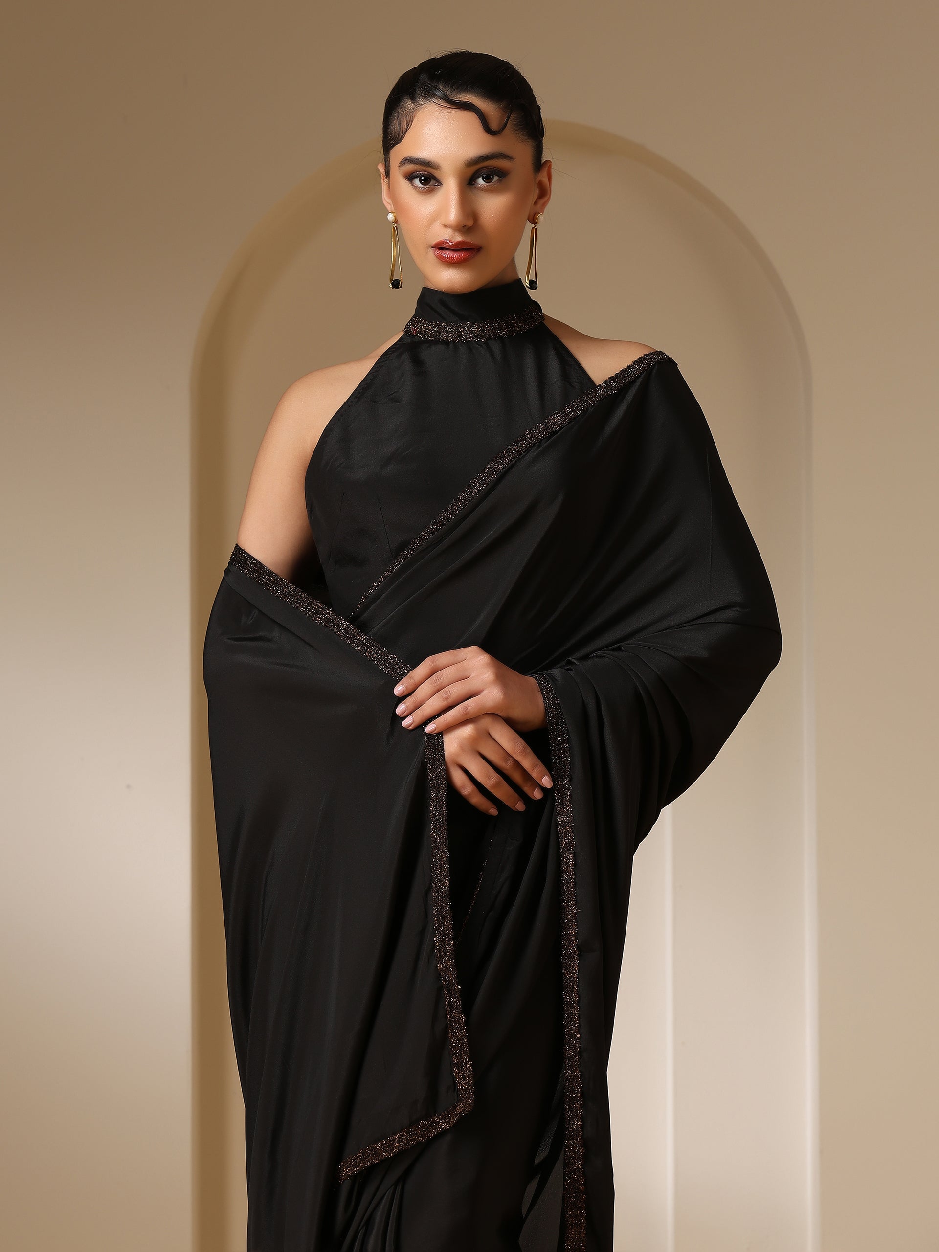 Black Crepe Saree with Bushy Lace and Self Fabric Blouse