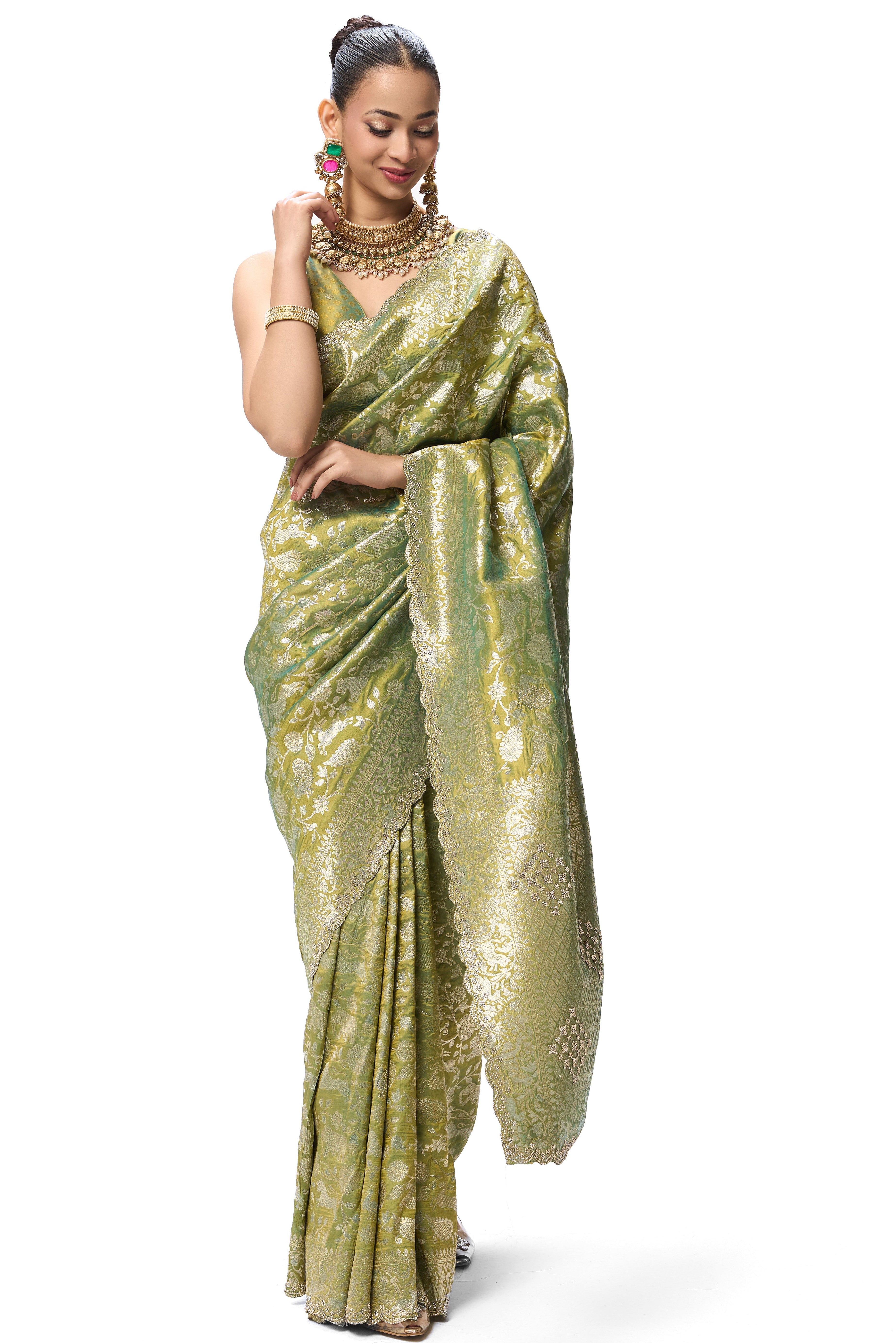 Cash Green Modern Heirtage Banarasi Saree with Diamonds with Blouse Fabric