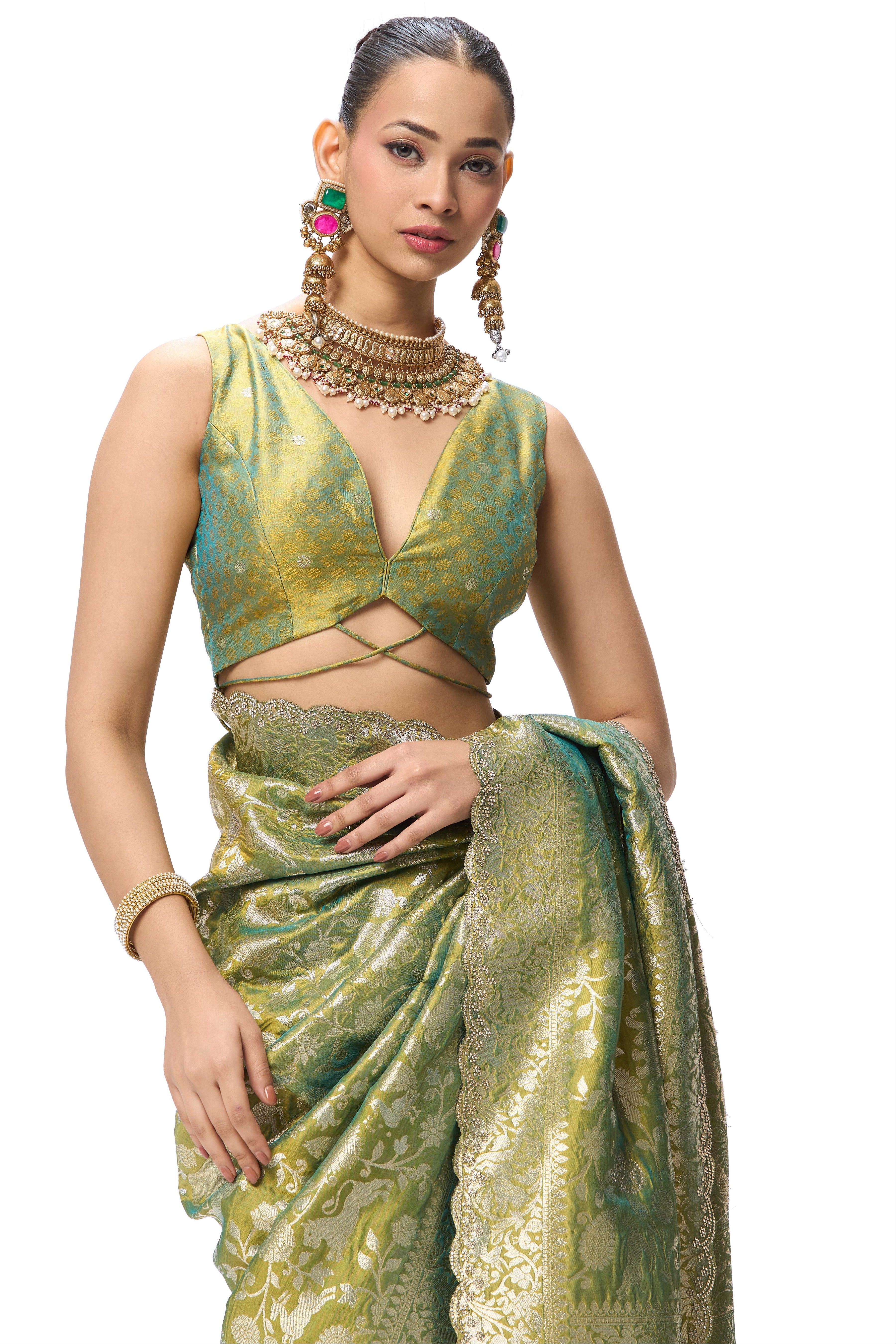 Cash Green Modern Heirtage Banarasi Saree with Diamonds with Blouse Fabric