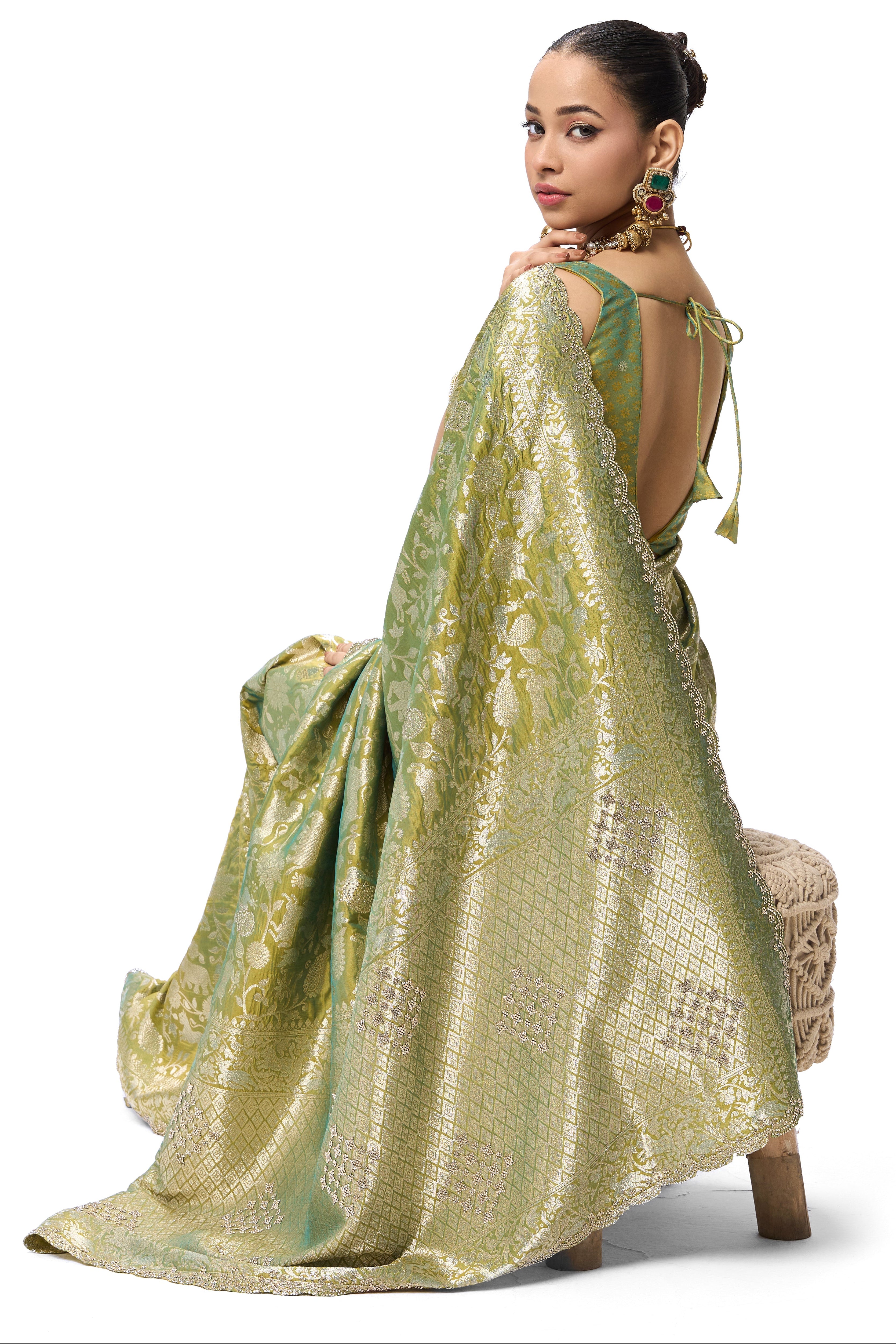 Cash Green Modern Heirtage Banarasi Saree with Diamonds with Blouse Fabric