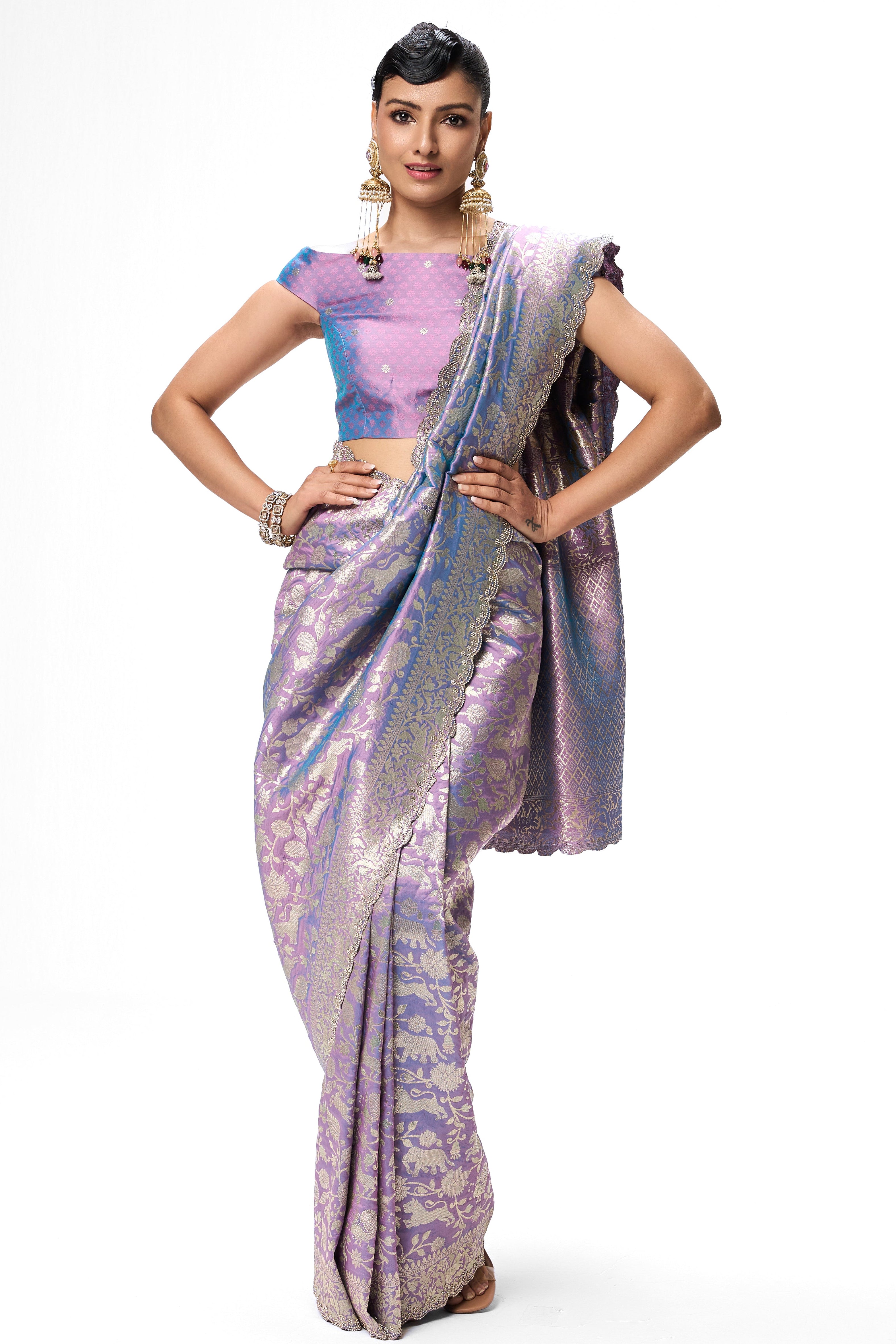Lilac Modern Heirtage Banarasi Saree with Diamonds with Blouse Fabric