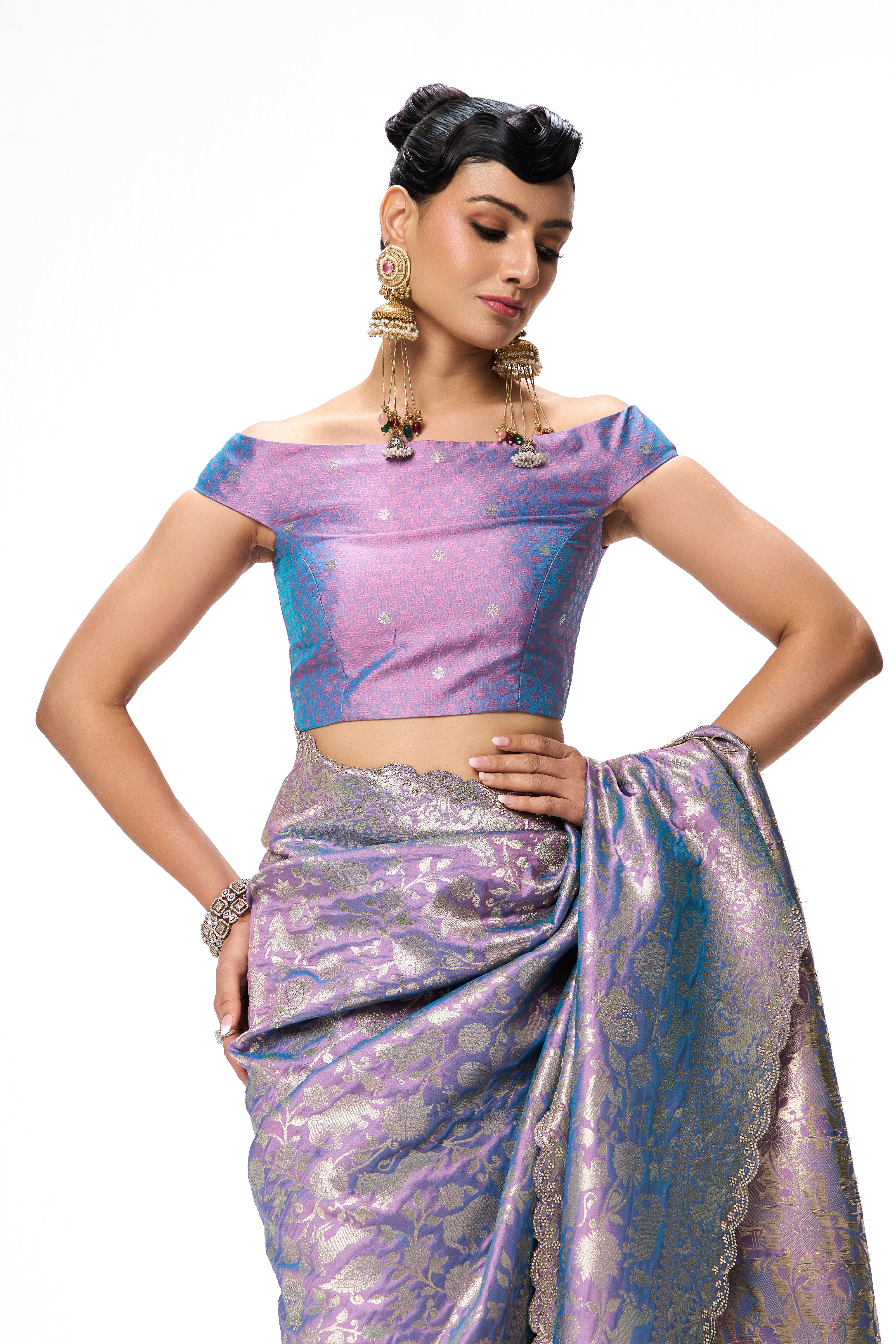 Lilac Modern Heirtage Banarasi Saree with Diamonds with Blouse Fabric