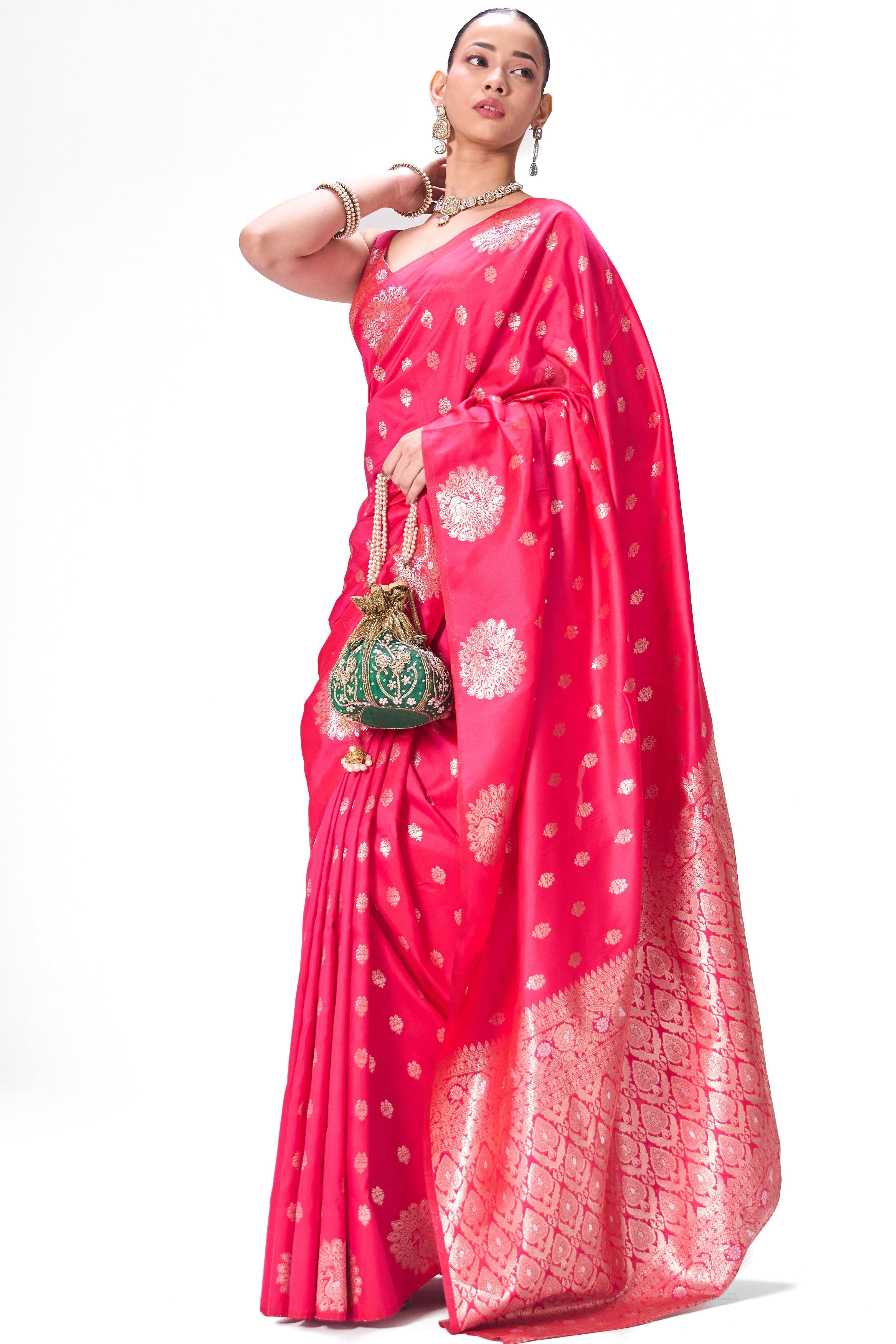 Red Pink Banarasi Saree with Blouse Fabric
