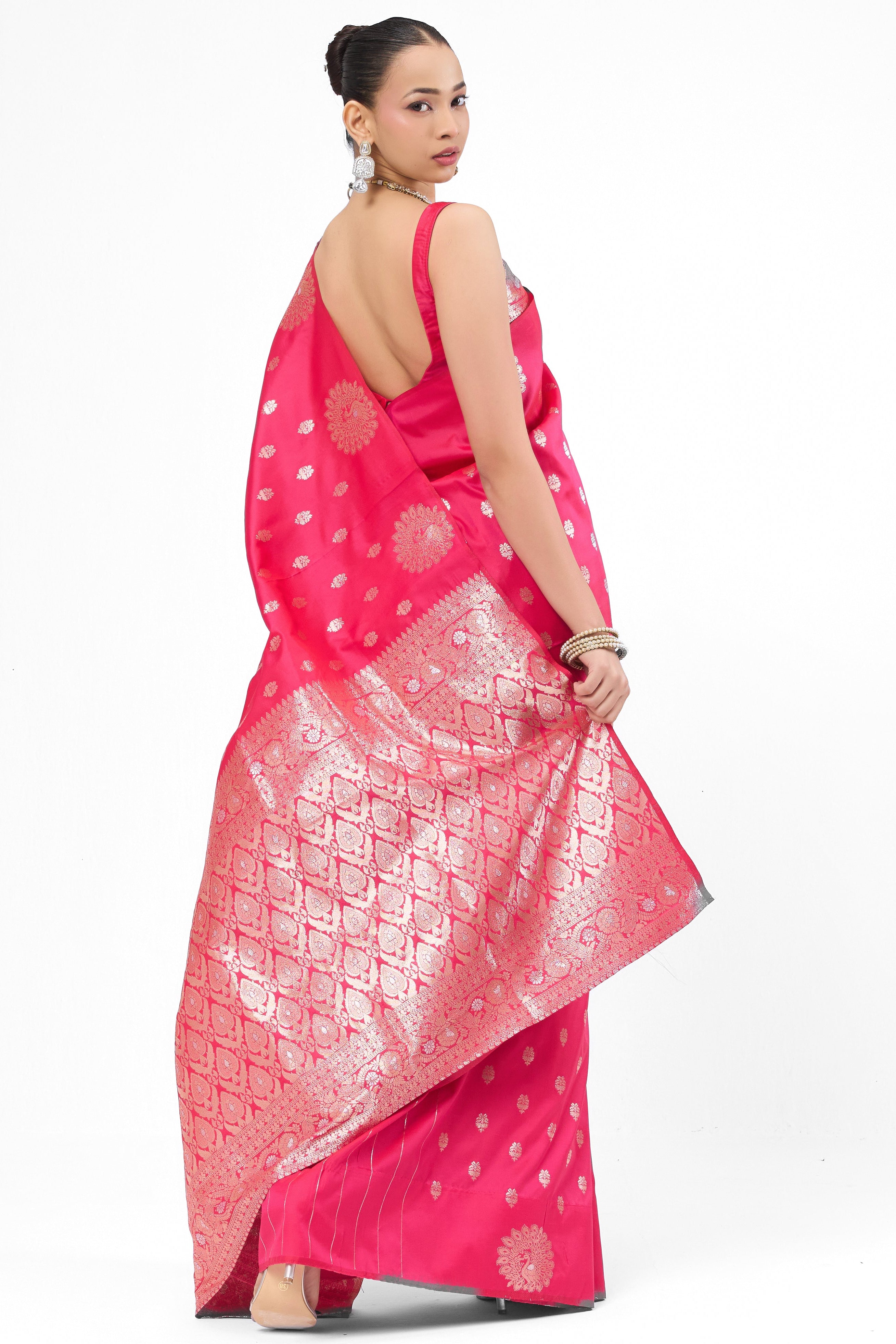 Red Pink Banarasi Saree with Blouse Fabric