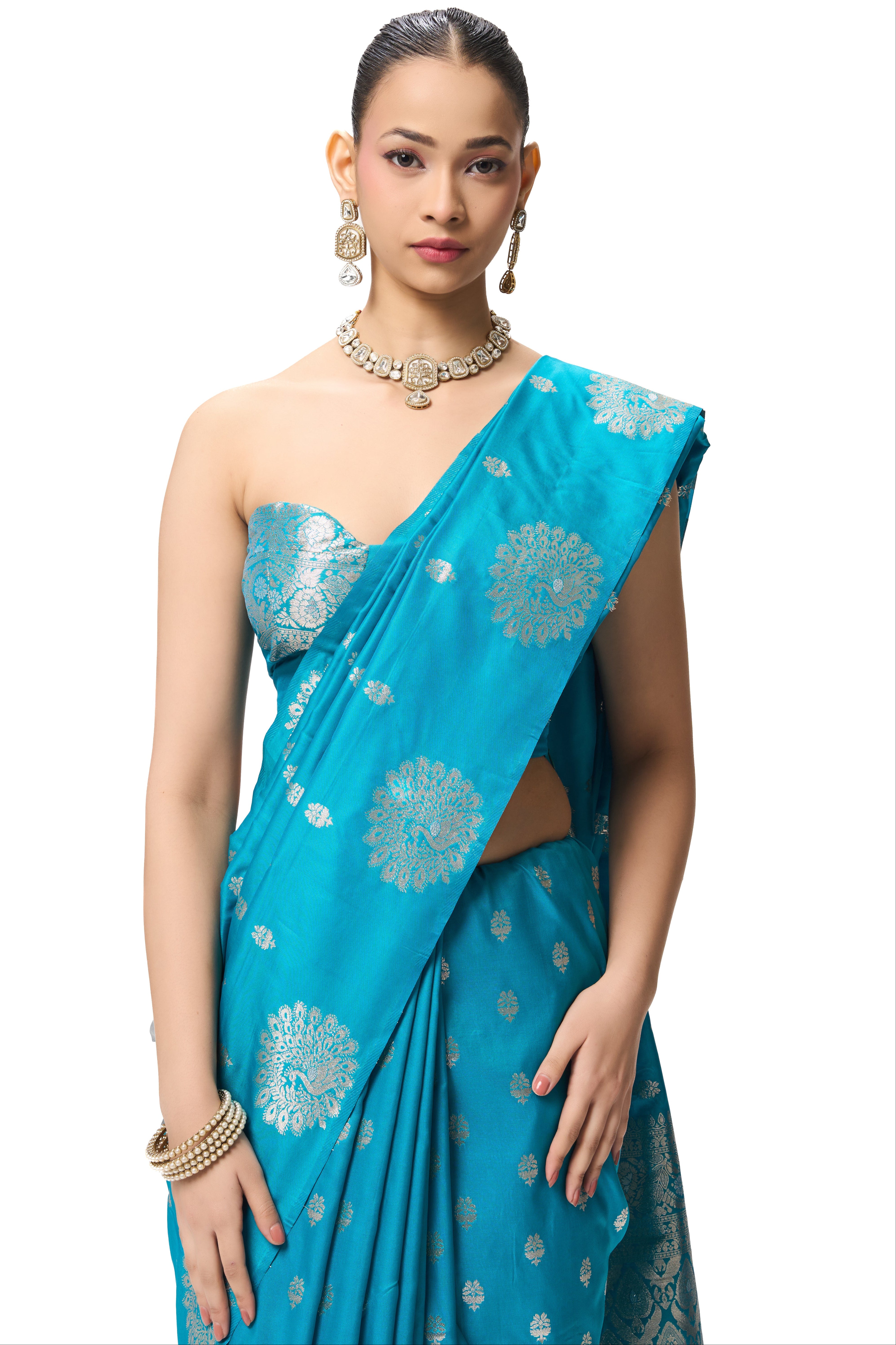 Turqoise Blue Banarasi Saree with Blouse Fabric