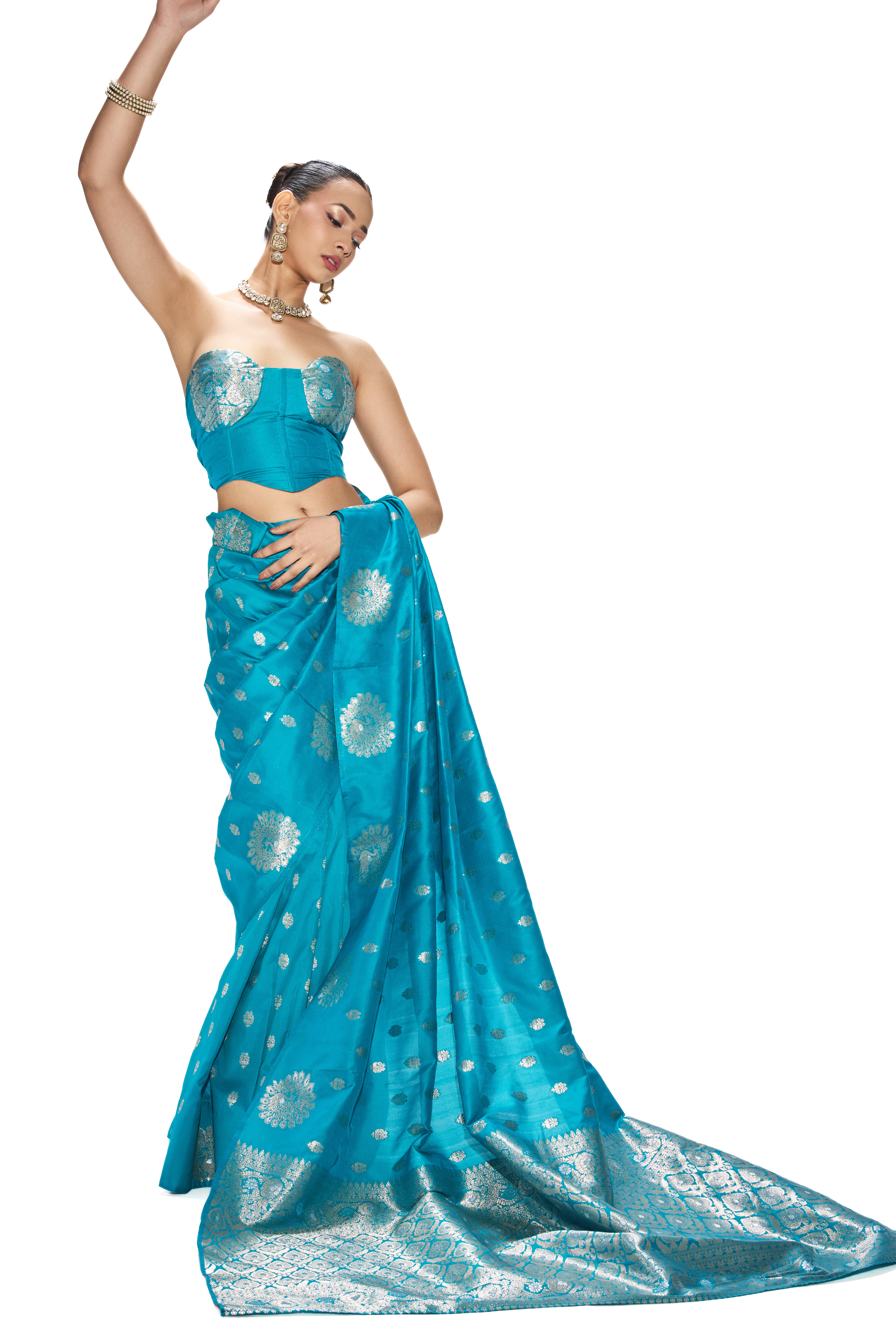 Turqoise Blue Banarasi Saree with Blouse Fabric