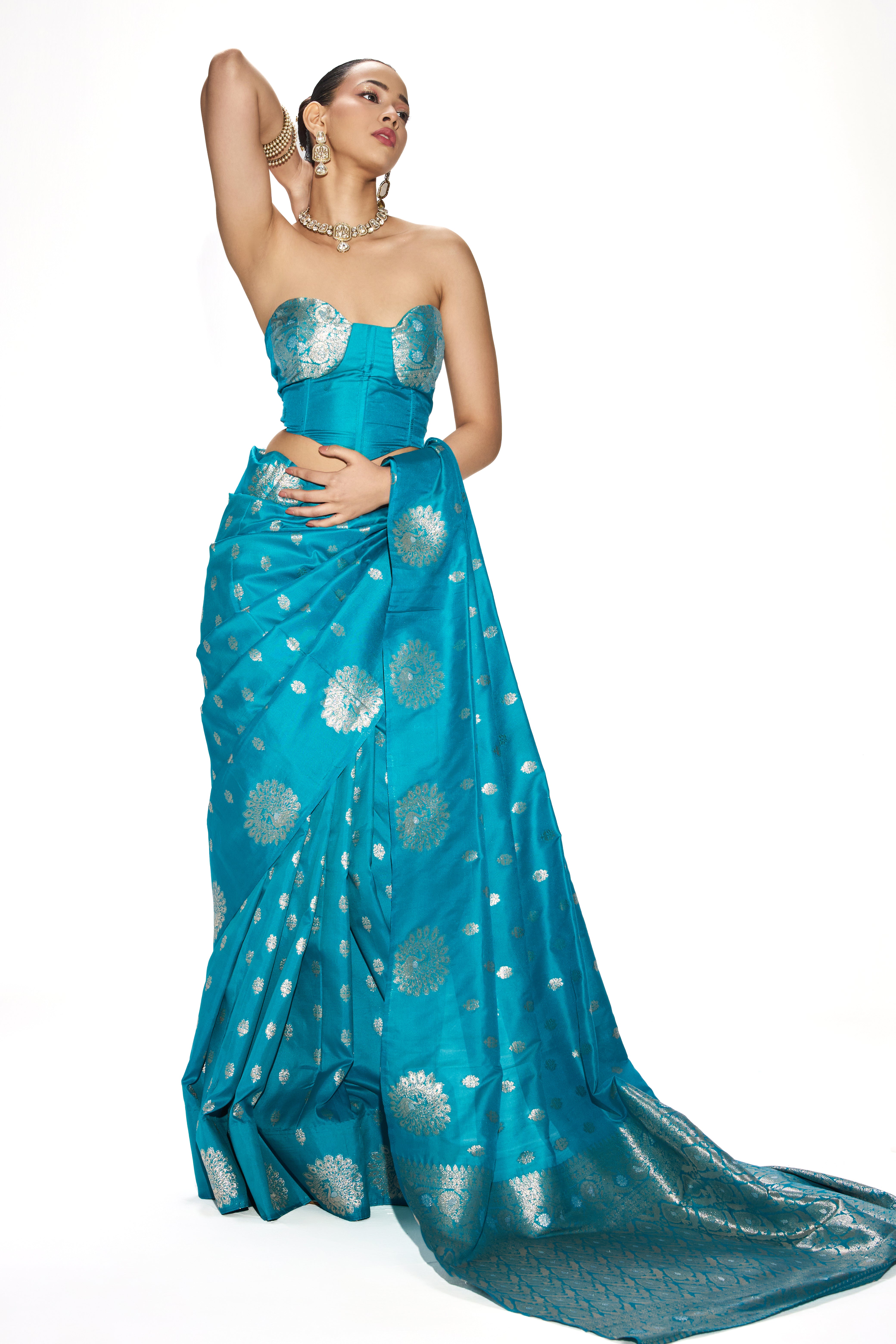 Turqoise Blue Banarasi Saree with Blouse Fabric