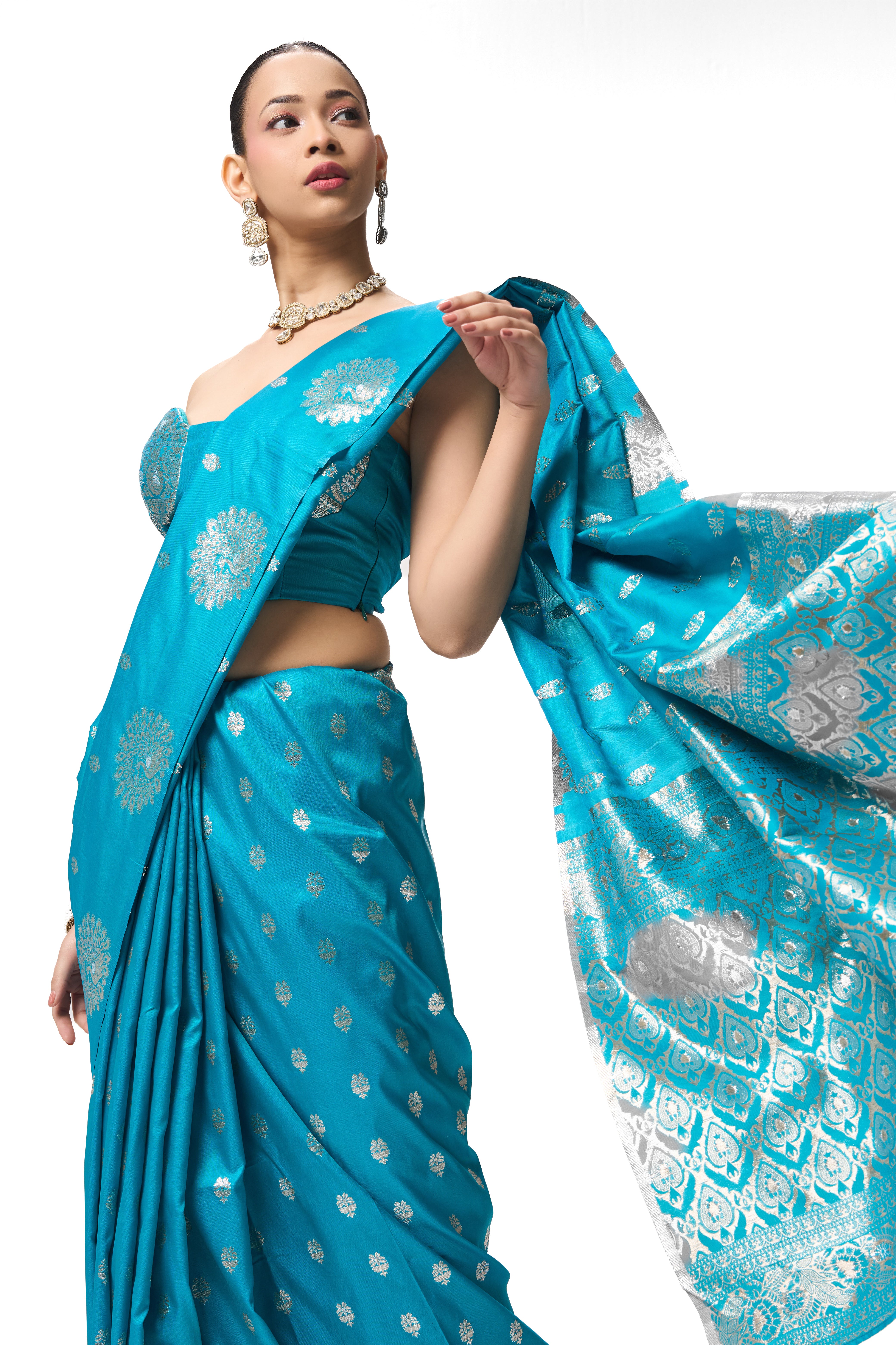 Turqoise Blue Banarasi Saree with Blouse Fabric