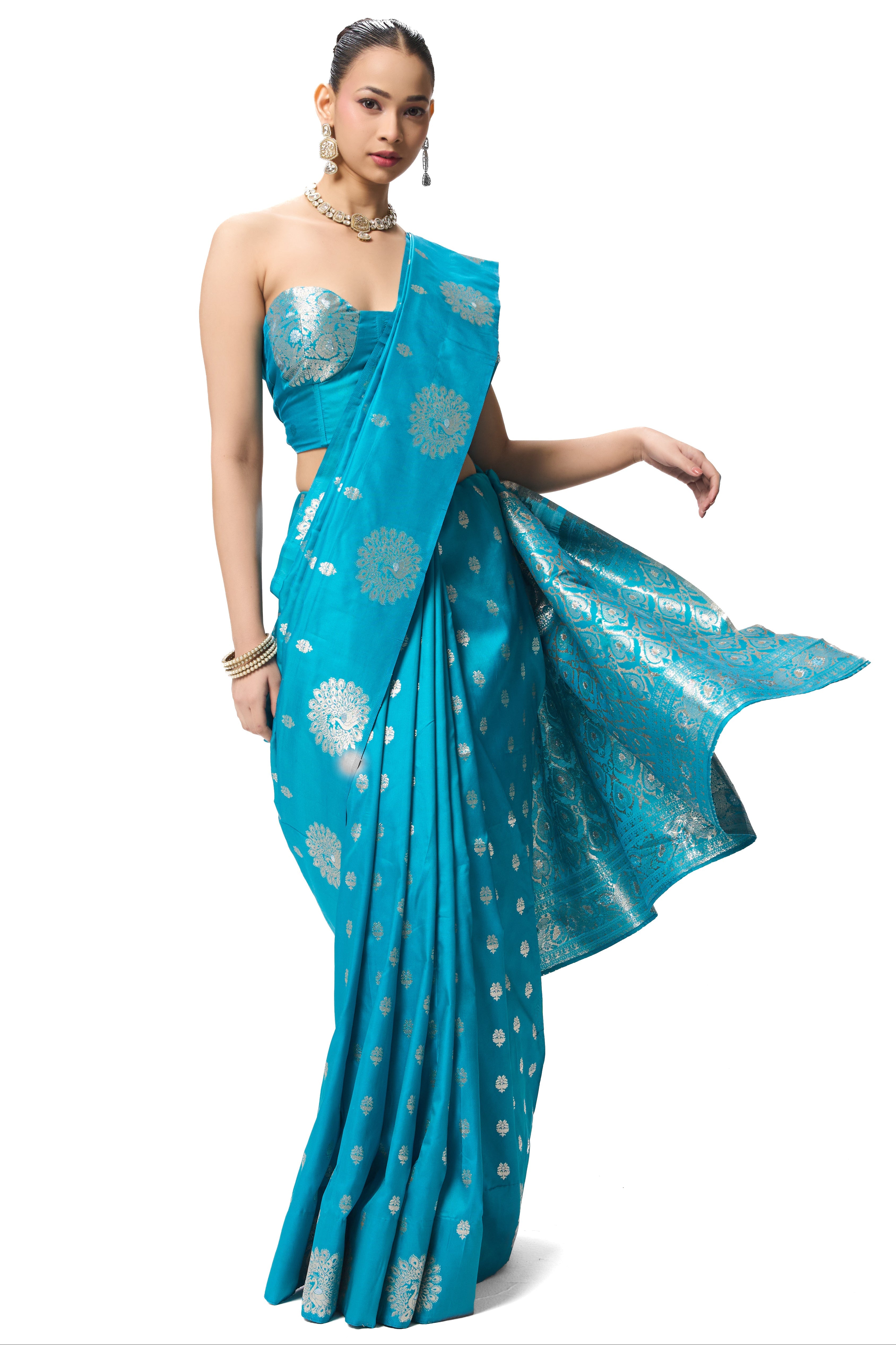 Turqoise Blue Banarasi Saree with Blouse Fabric