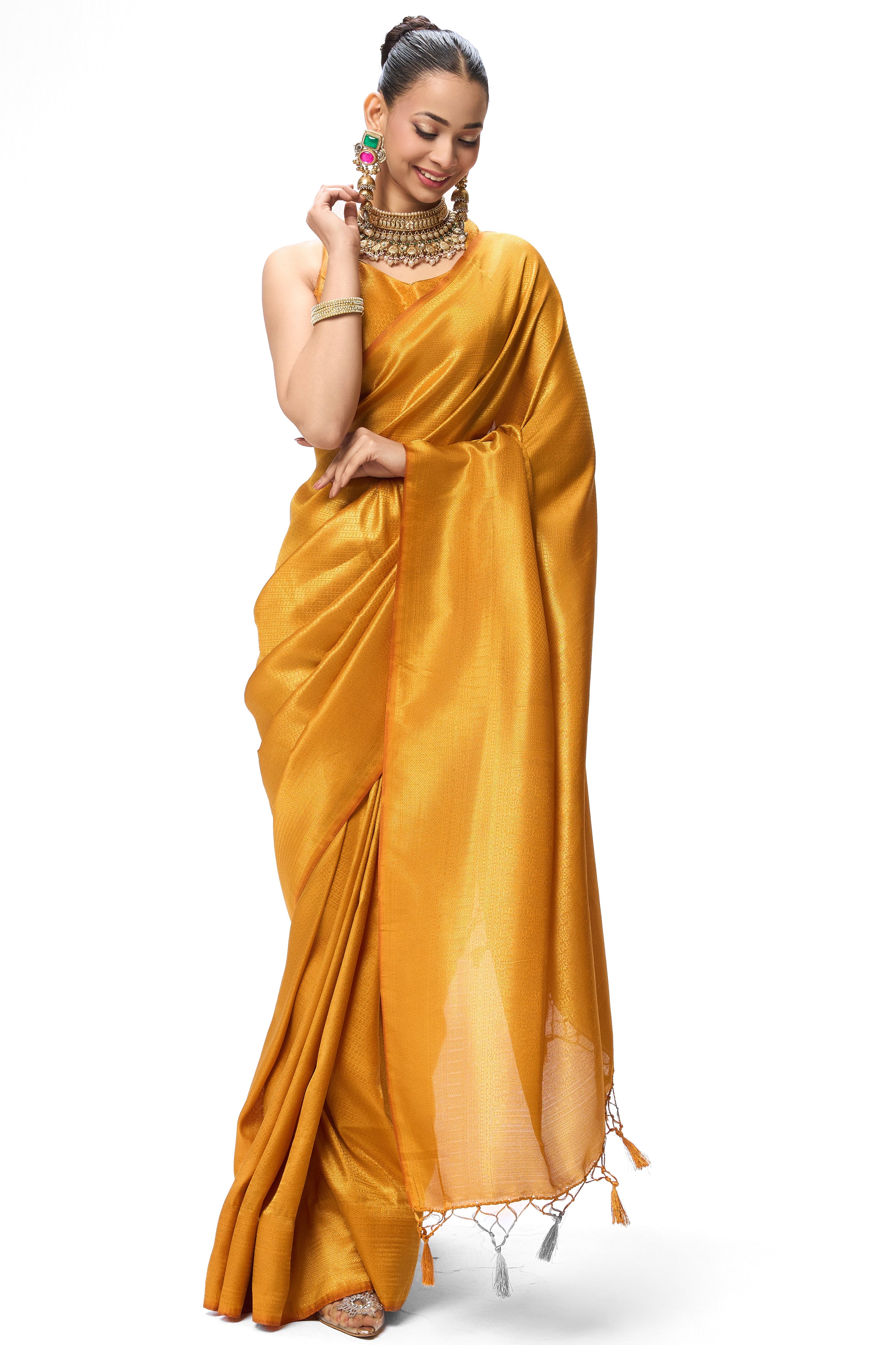 Yellow Soft Silk Jaal Banarasi Saree with Blouse Fabric
