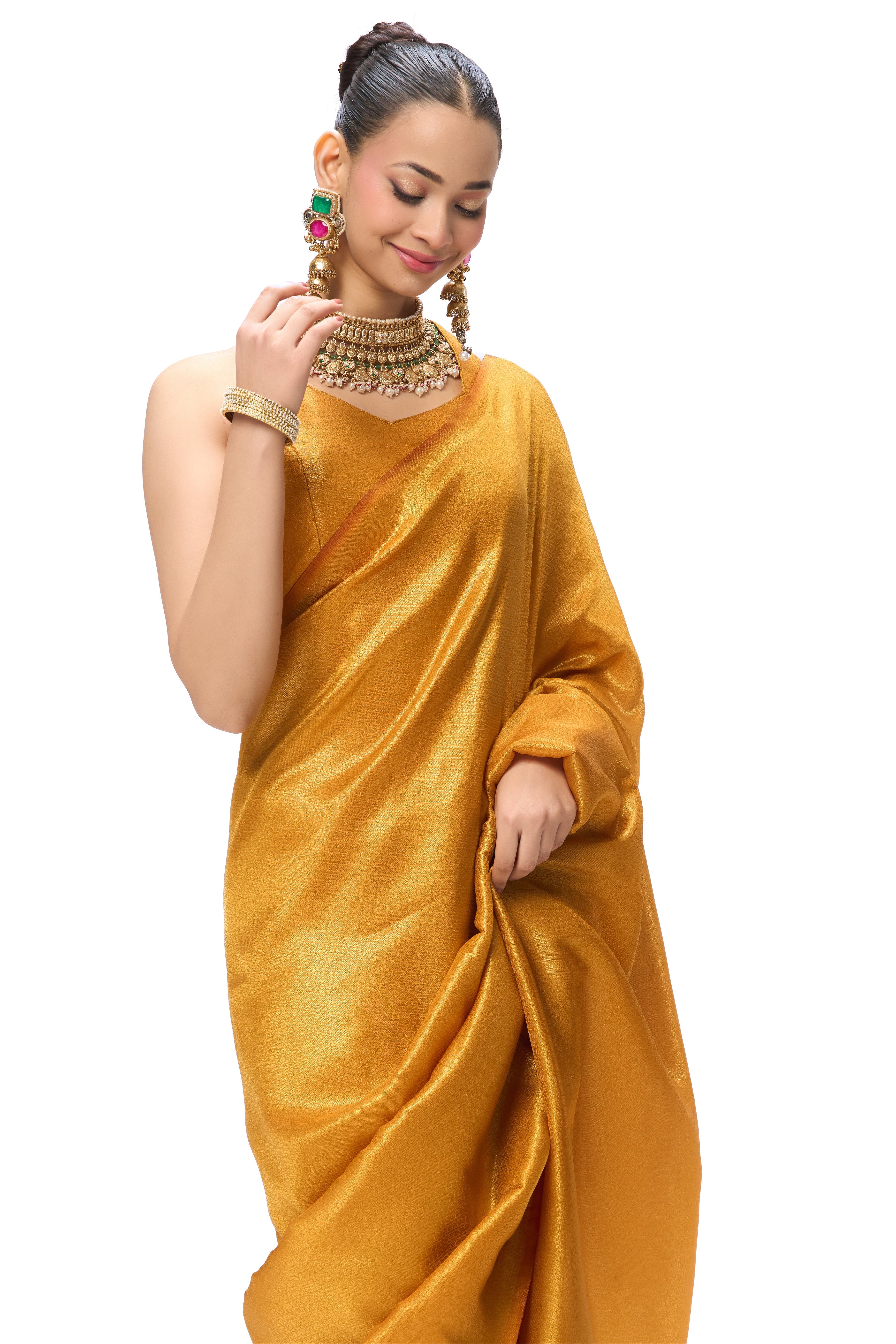 Yellow Soft Silk Jaal Banarasi Saree with Blouse Fabric