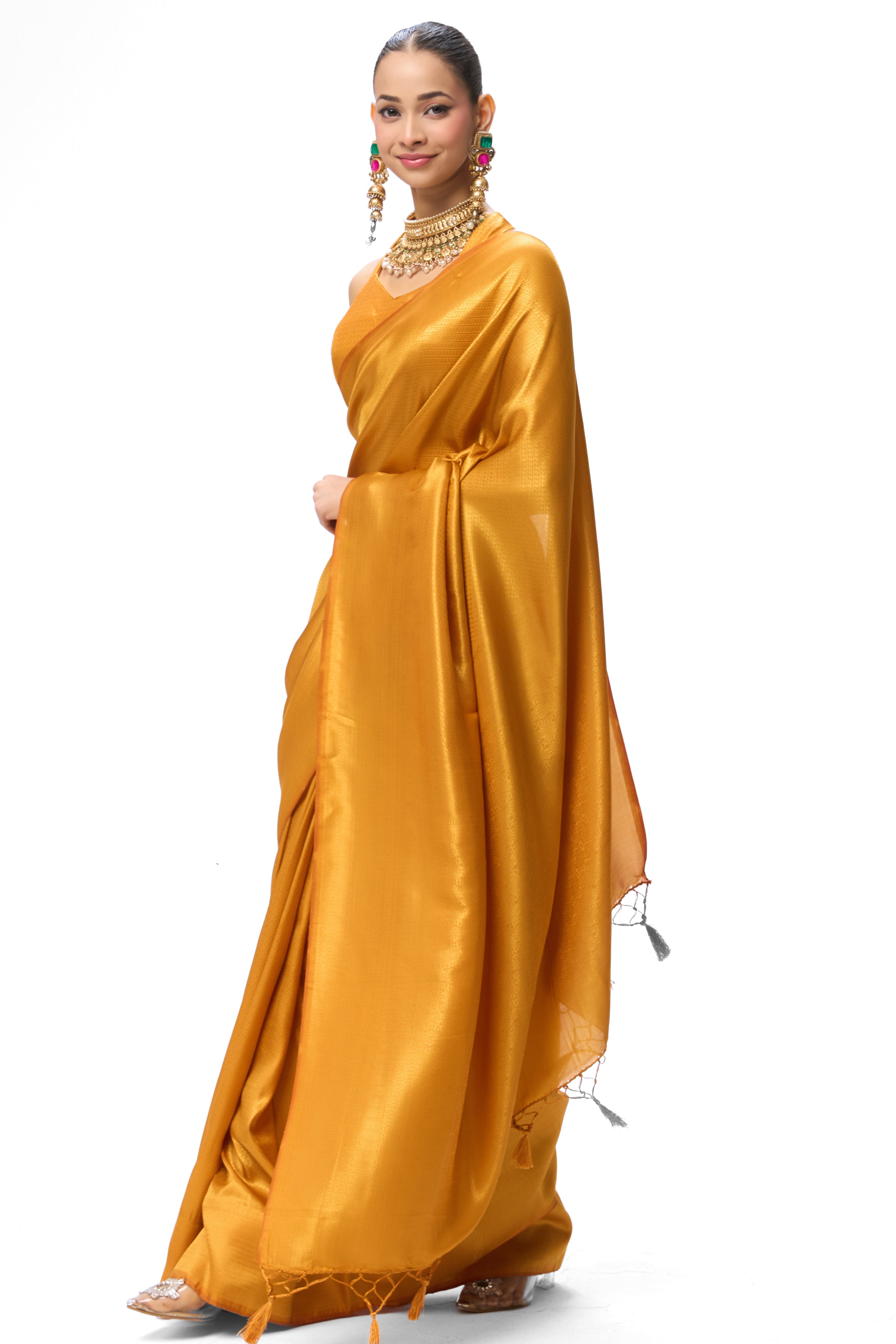 Yellow Soft Silk Jaal Banarasi Saree with Blouse Fabric