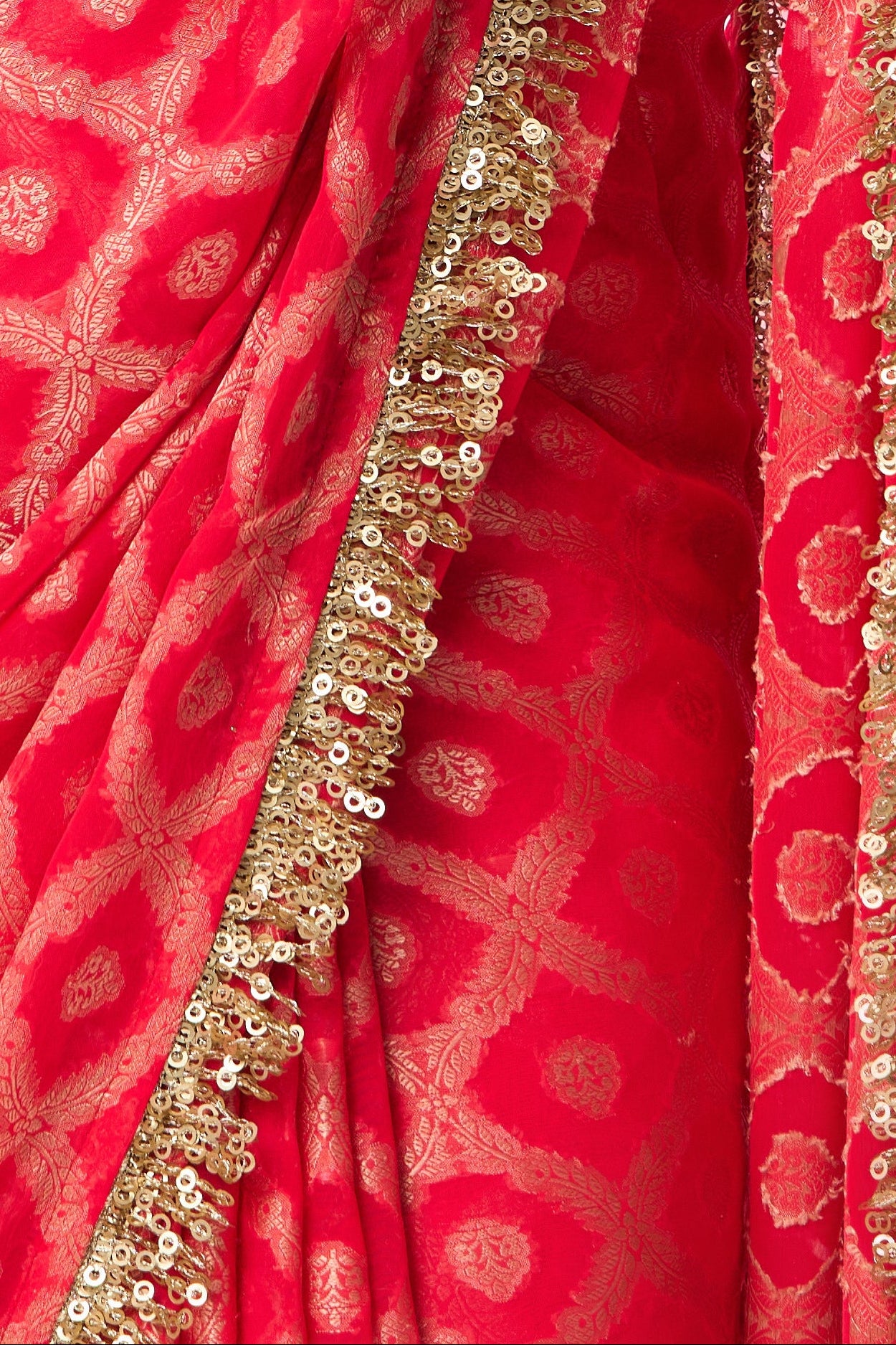 Red woven Geogette all over lace saree with Blouse fabric
