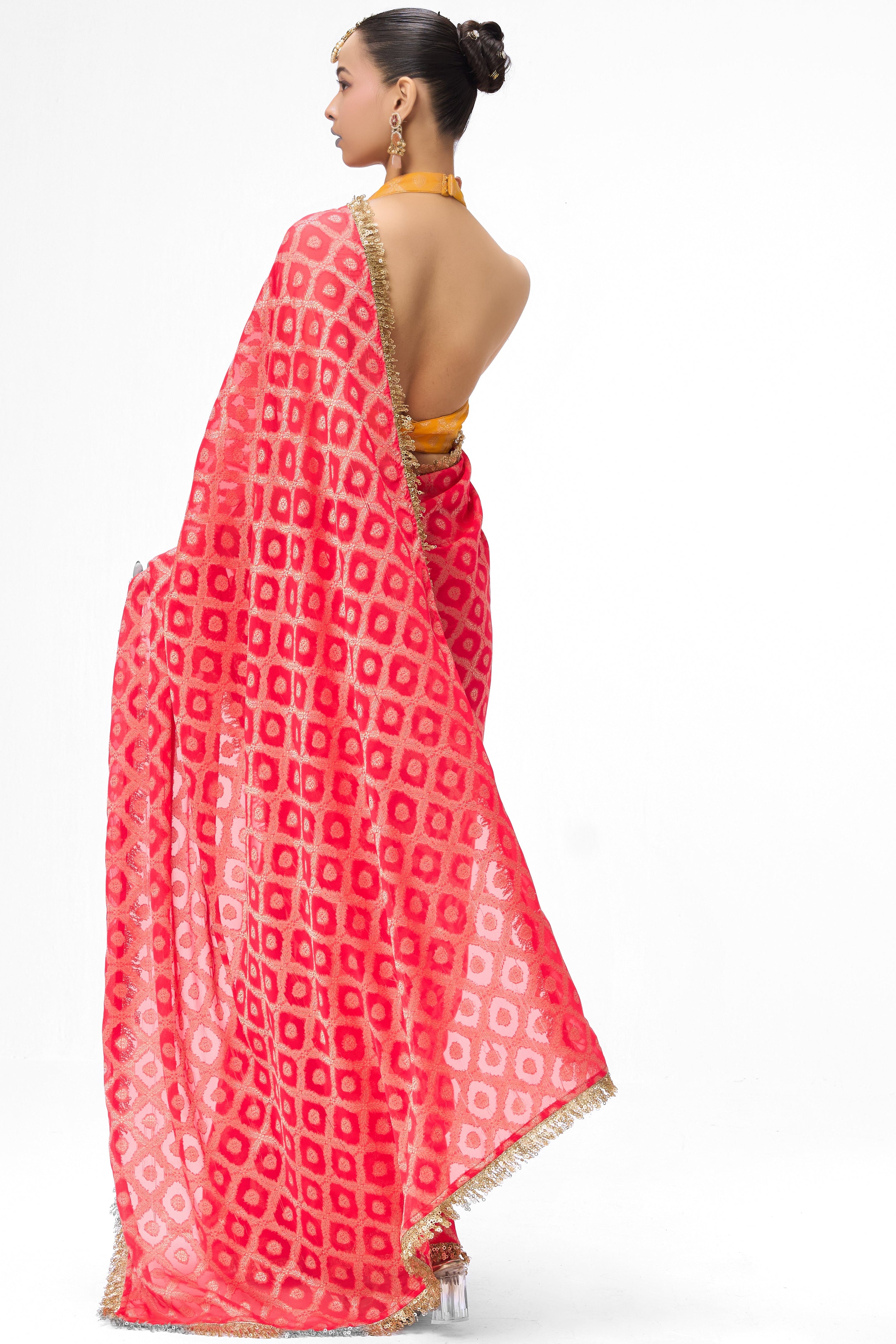 Red woven Geogette all over lace saree with Blouse fabric