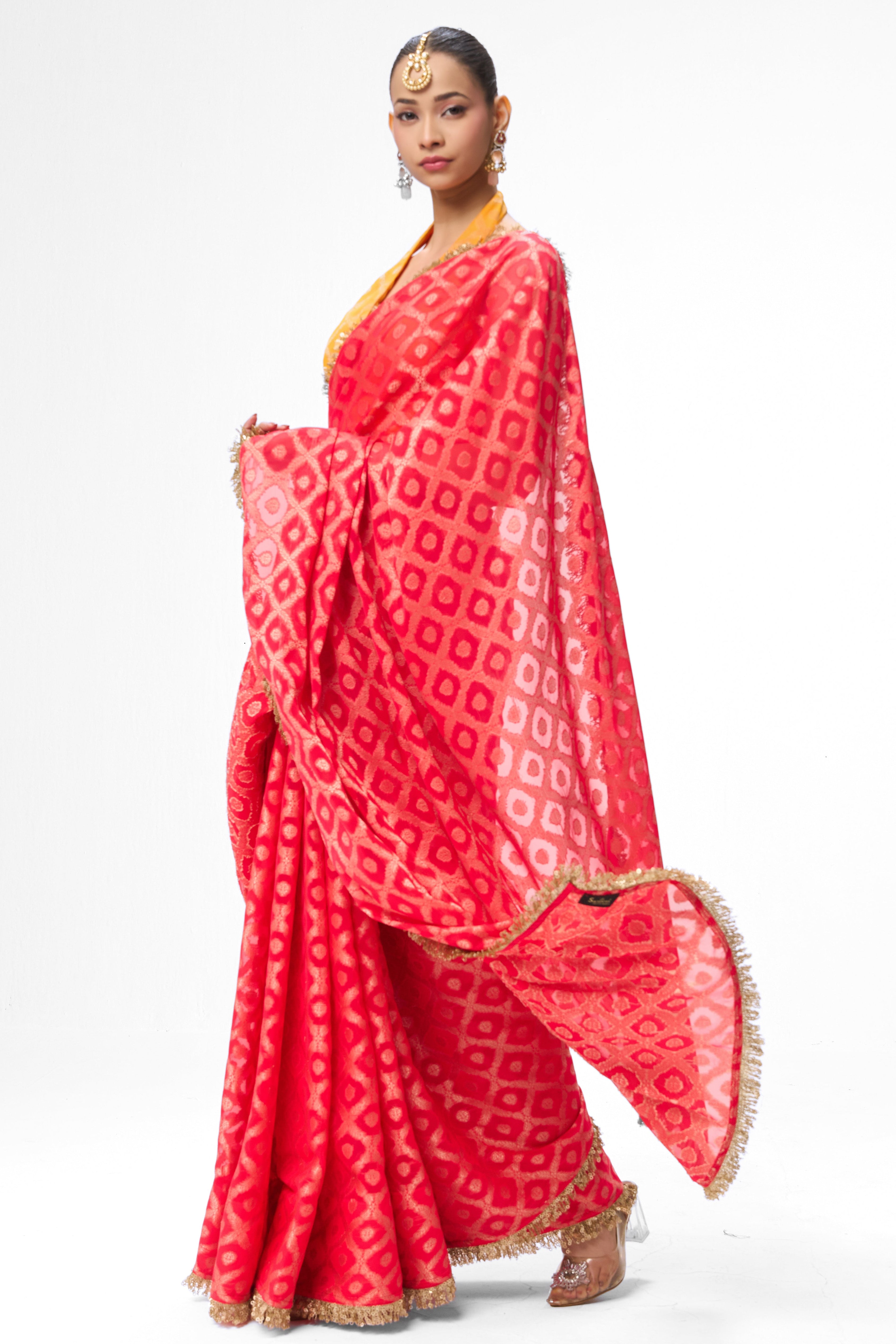 Red woven Geogette all over lace saree with Blouse fabric