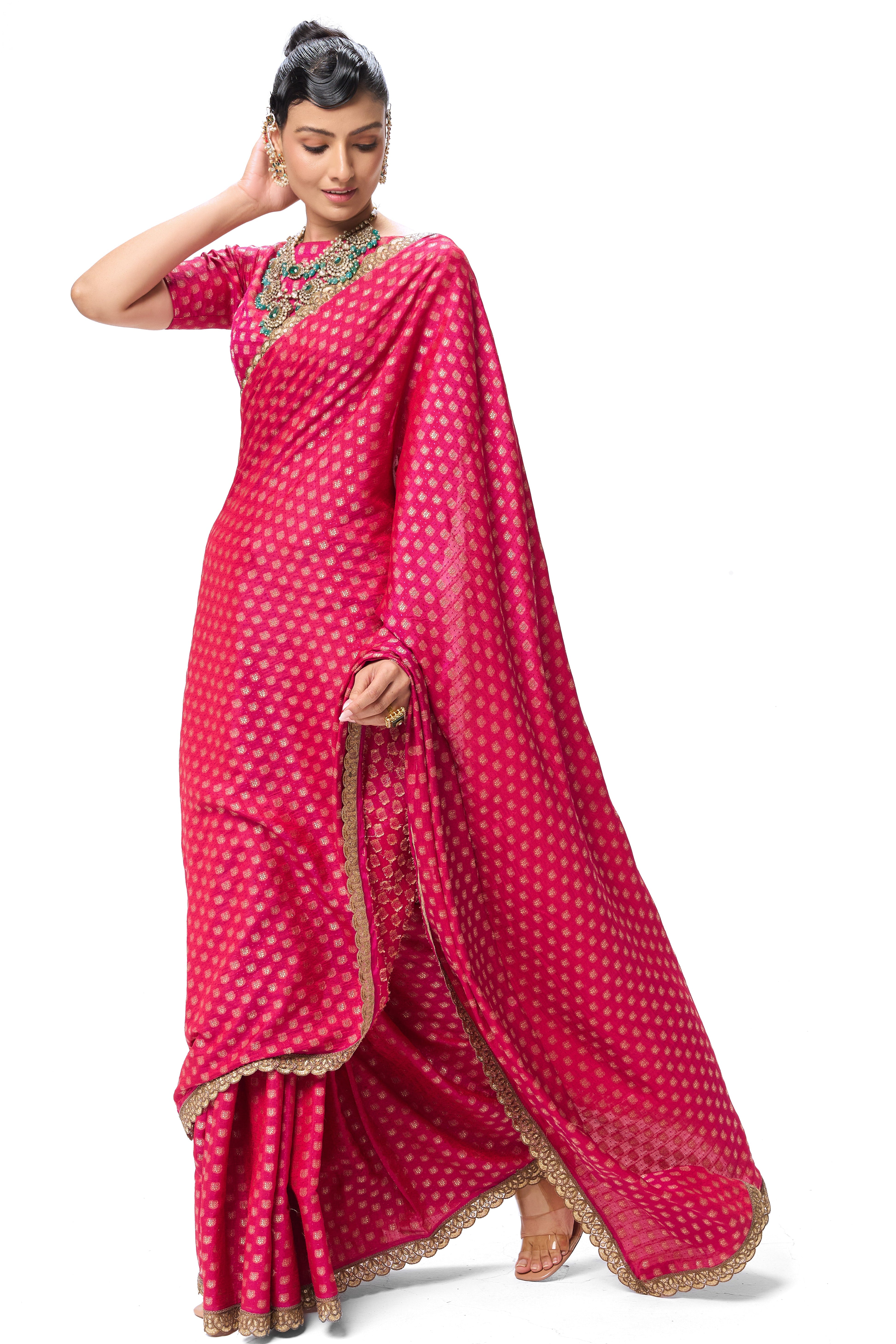 Pink Woven silk all over lace saree with Blouse Fabric