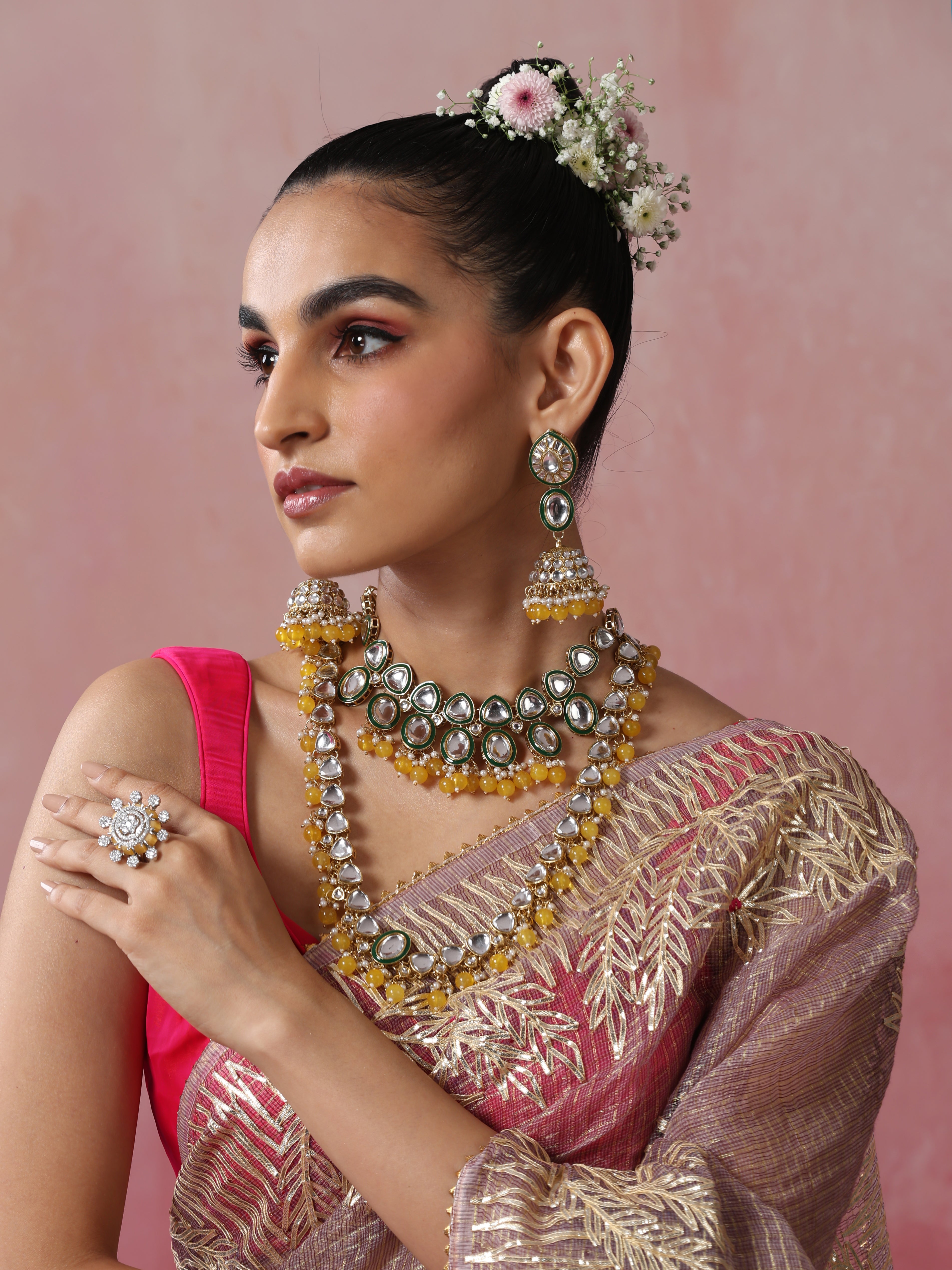 Yellow Color Kundan Long Necklace, Earring and Maang Teeka Set