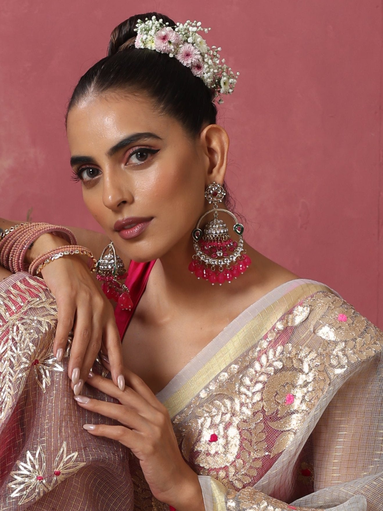 Rani Color Round Kundan Jhumka Earrings