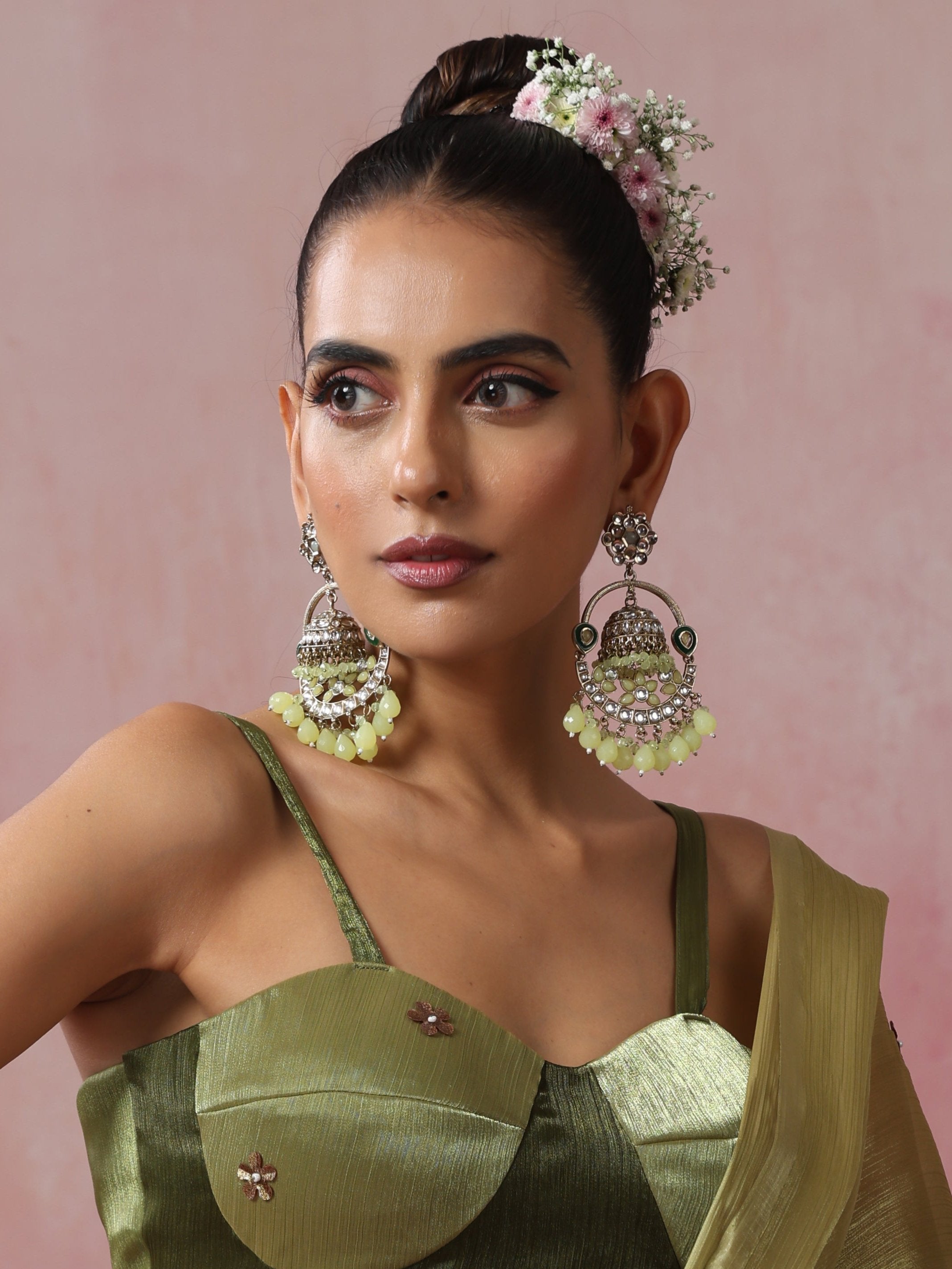 Pista Green Round Kundan Jhumka Earrings
