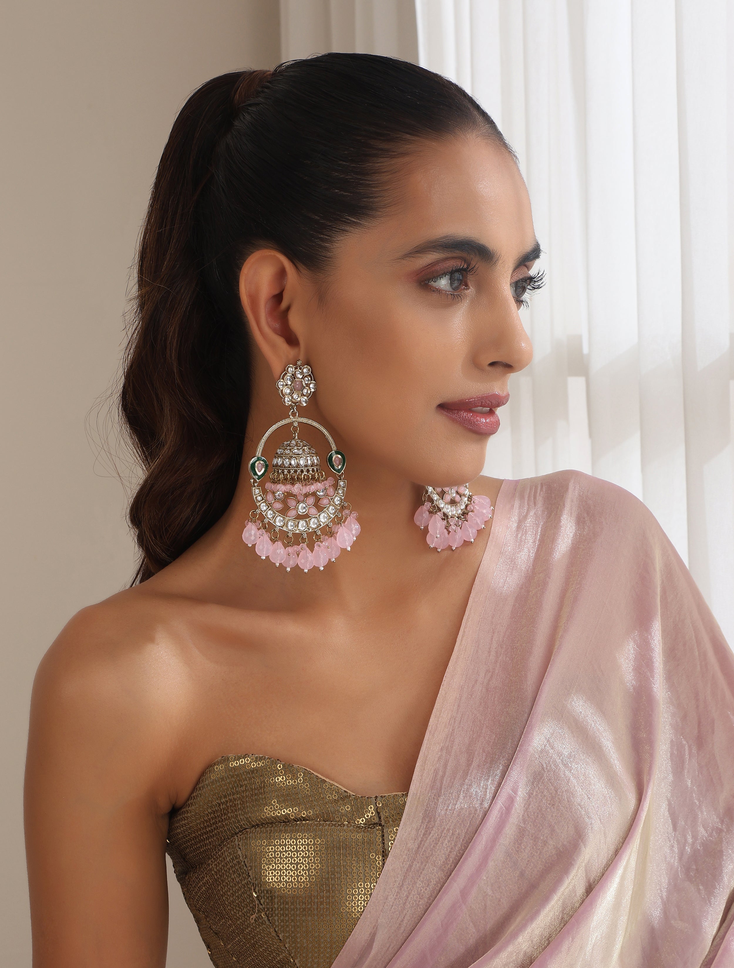 Pink Color Round Kundan Jhumka Earrings