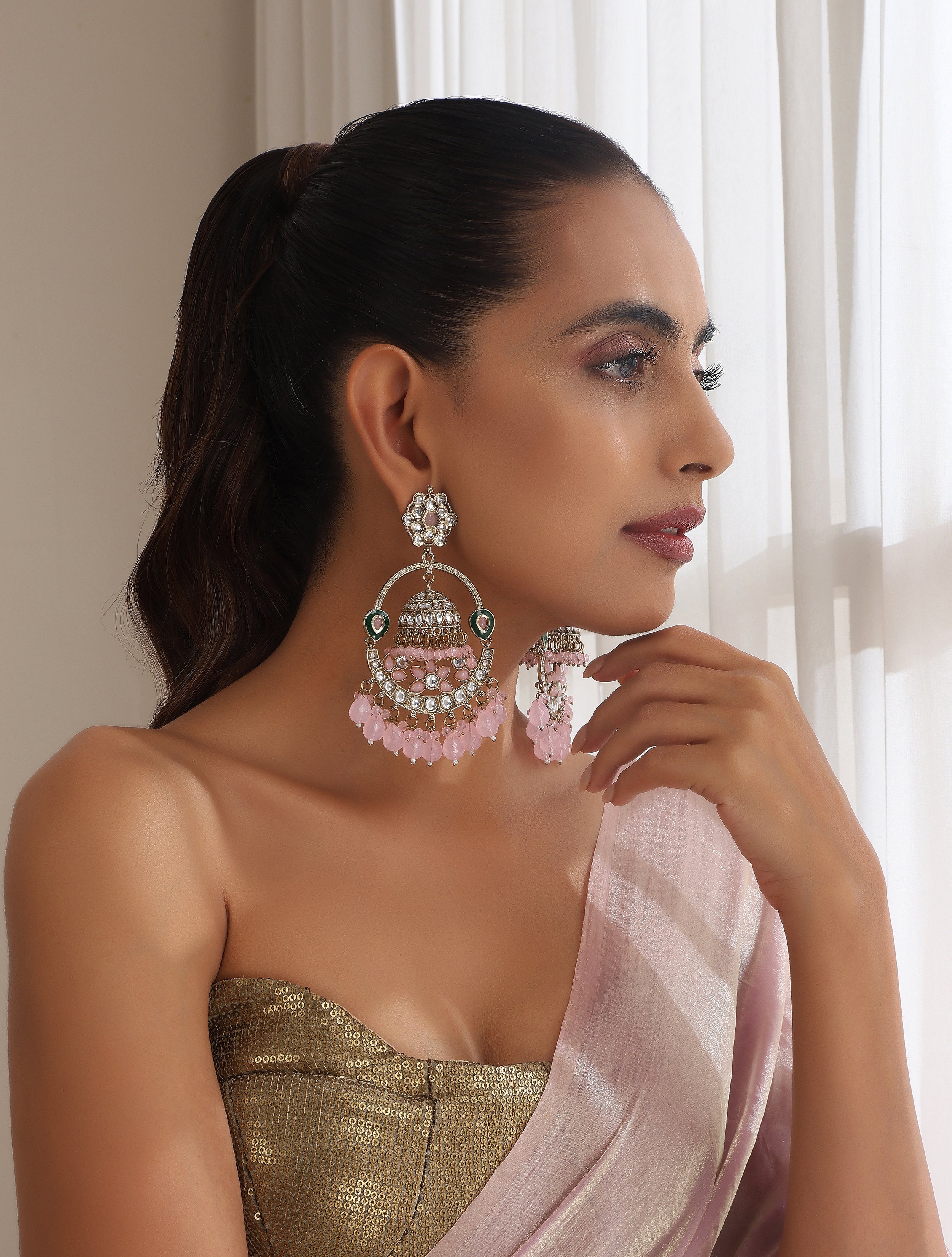 Pink Color Round Kundan Jhumka Earrings