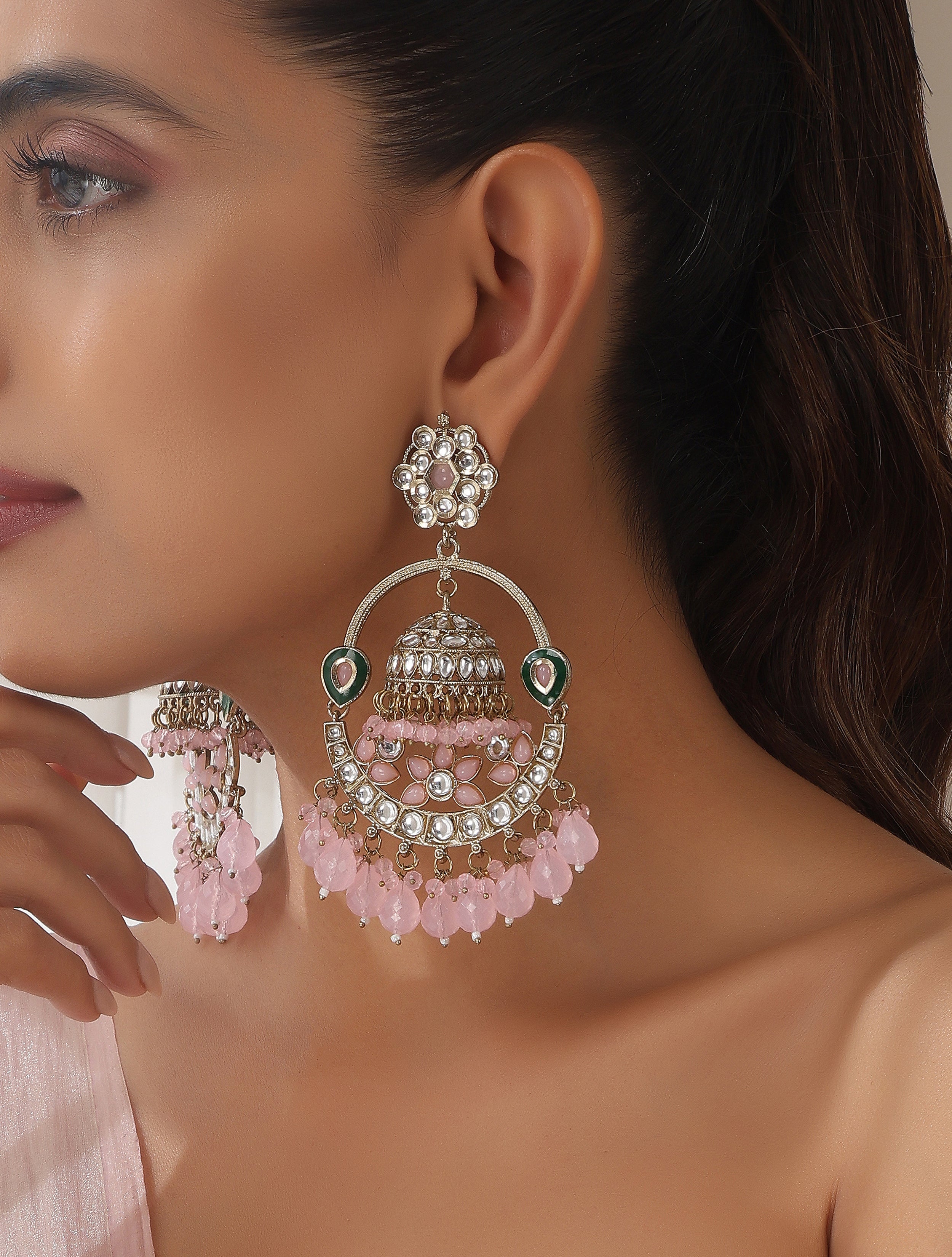 Pink Color Round Kundan Jhumka Earrings
