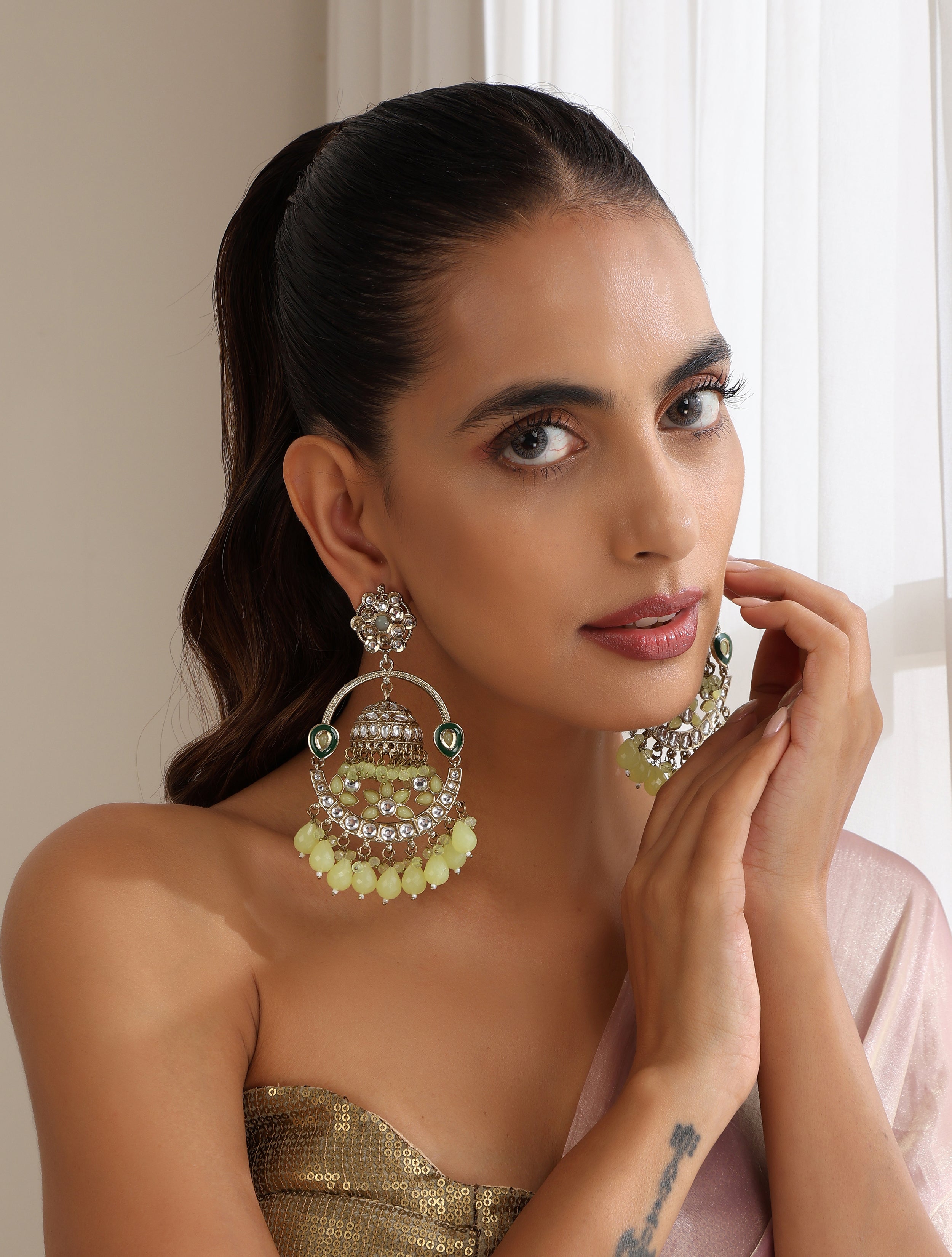 Pista Green Round Kundan Jhumka Earrings