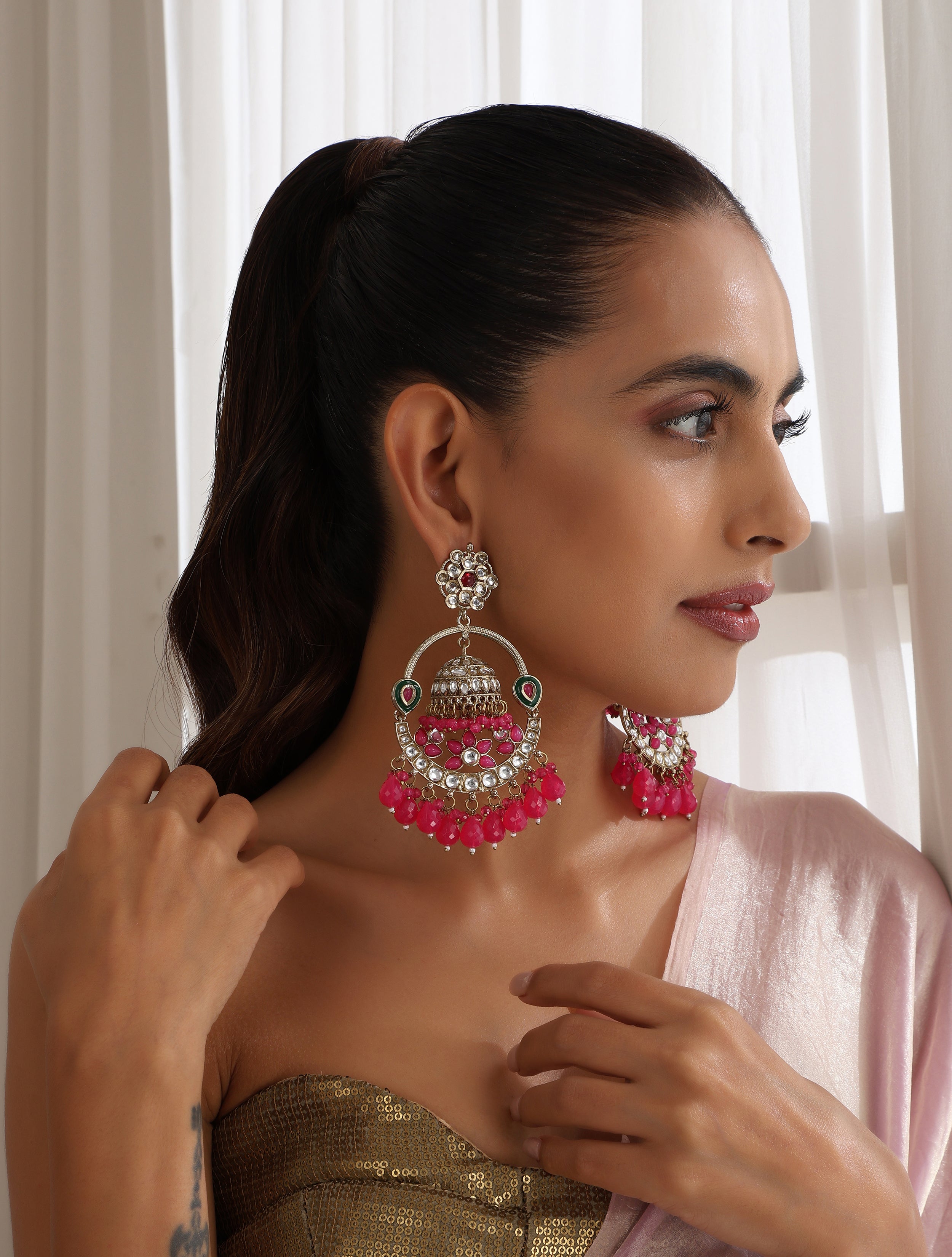 Rani Color Round Kundan Jhumka Earrings