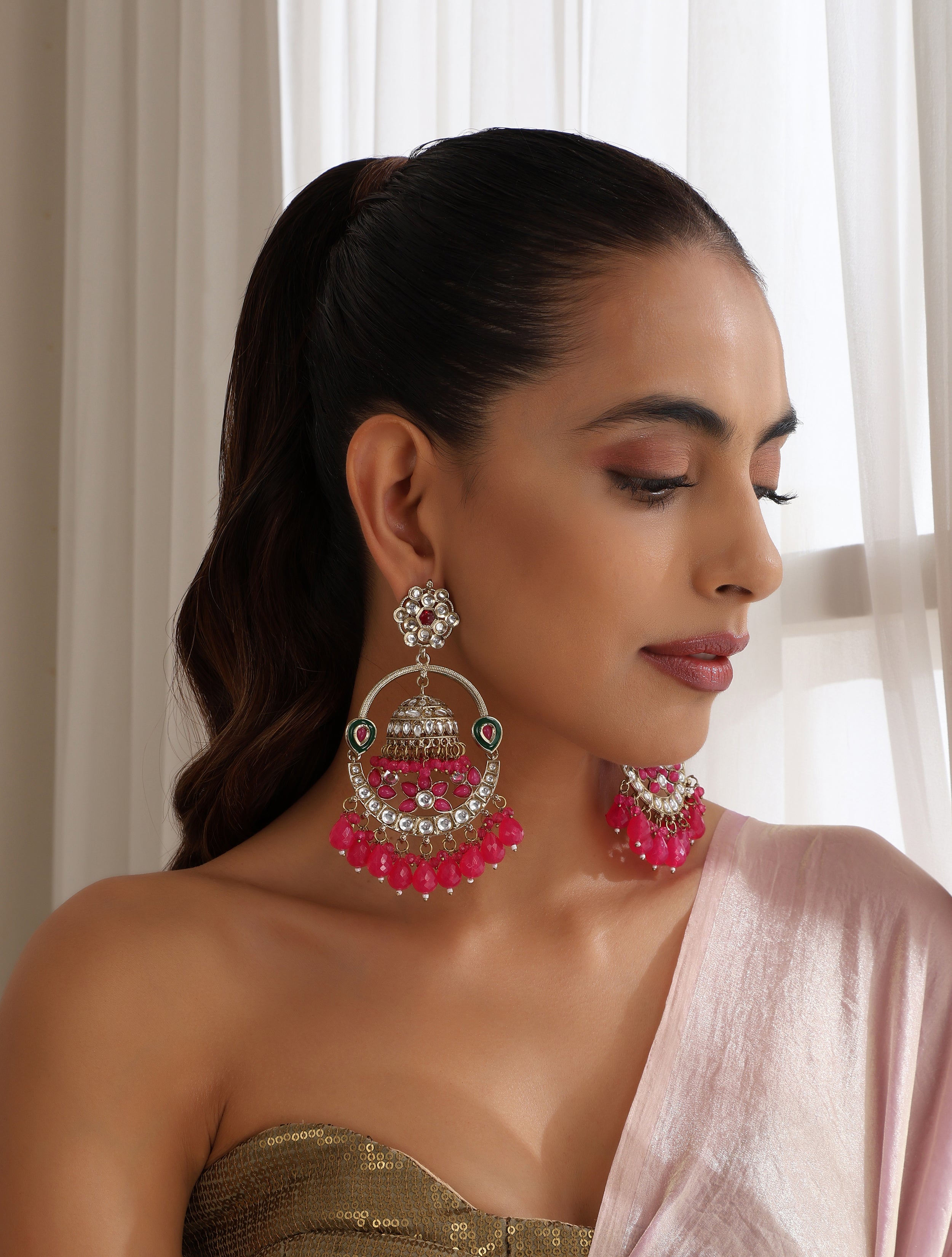 Rani Color Round Kundan Jhumka Earrings