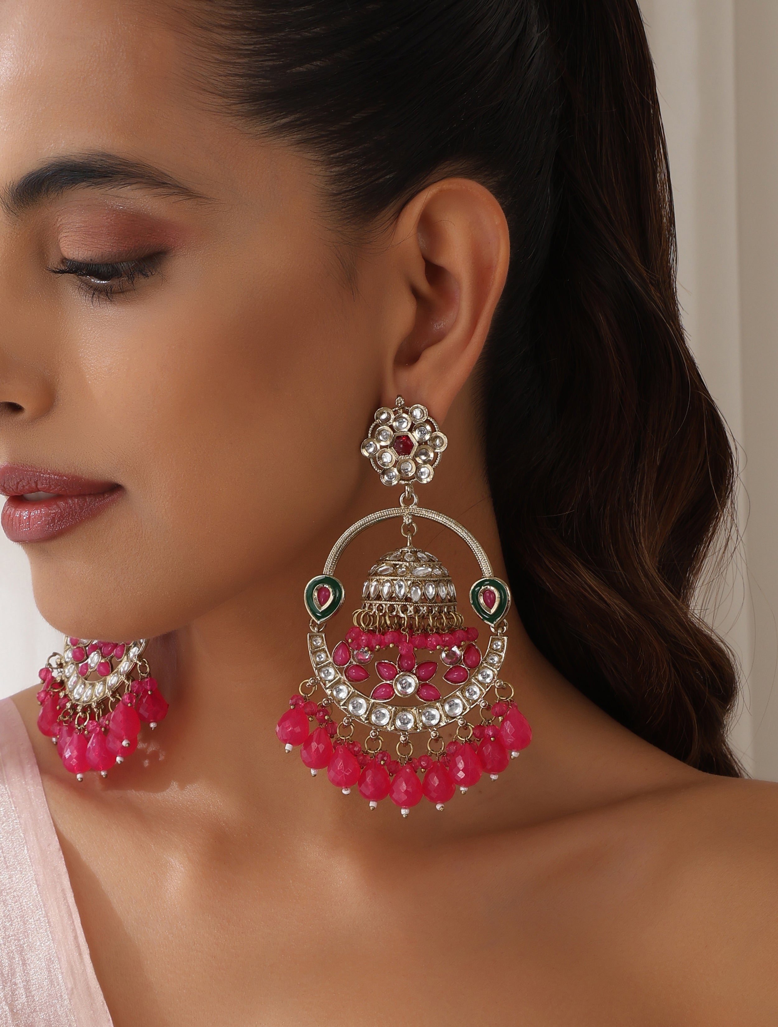 Rani Color Round Kundan Jhumka Earrings