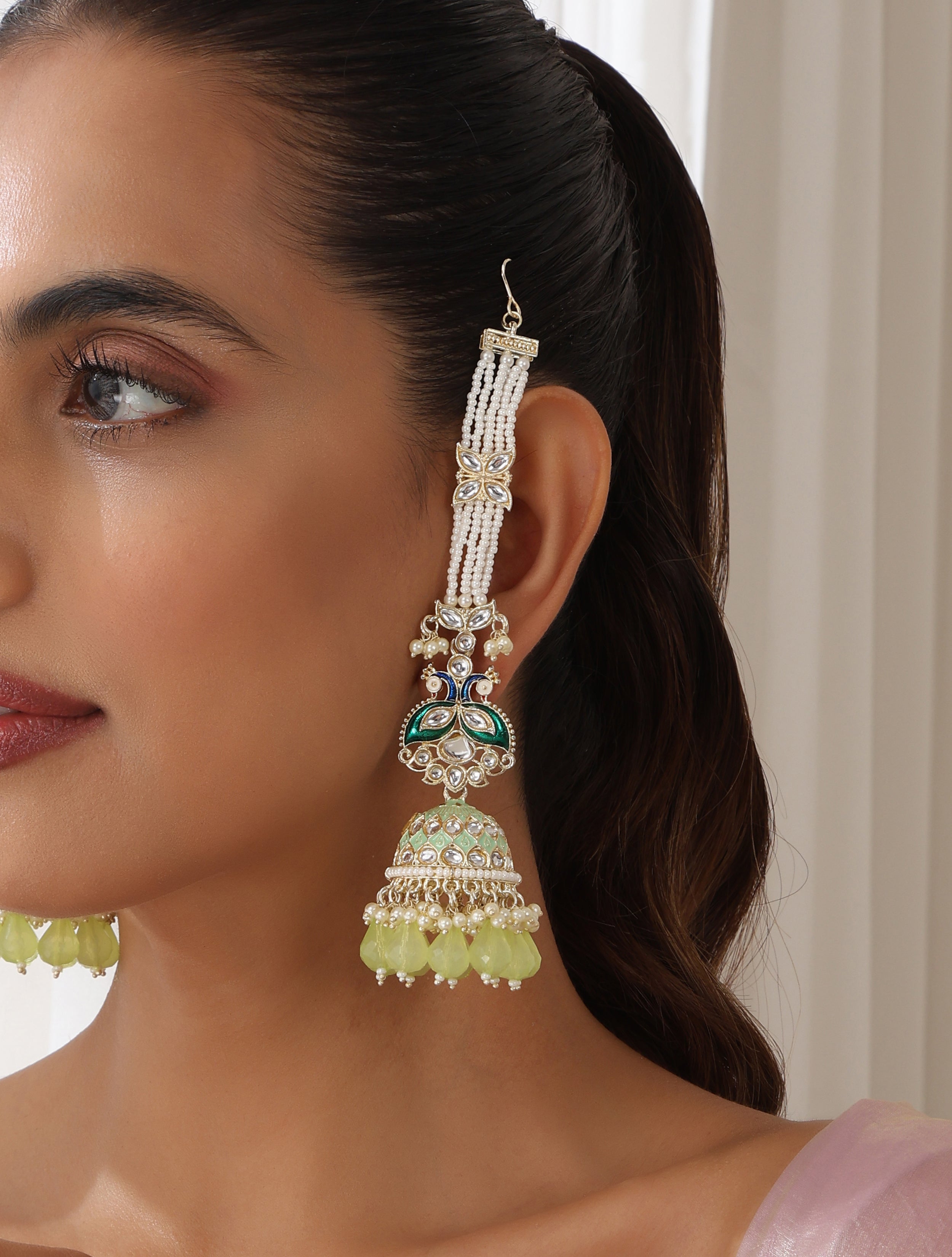 Pista Green Color Meenakari Kundan Jhumka