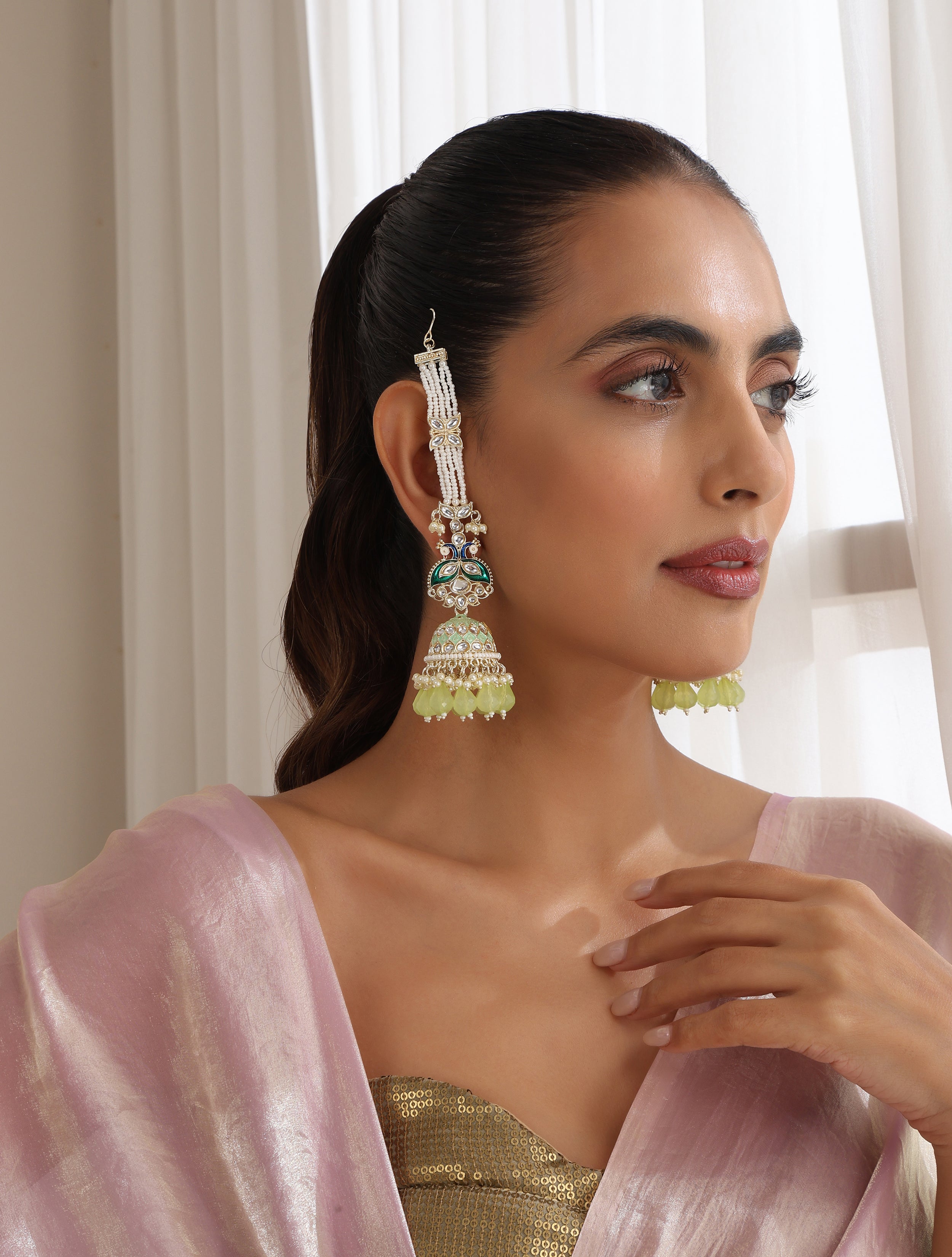Pista Green Color Meenakari Kundan Jhumka