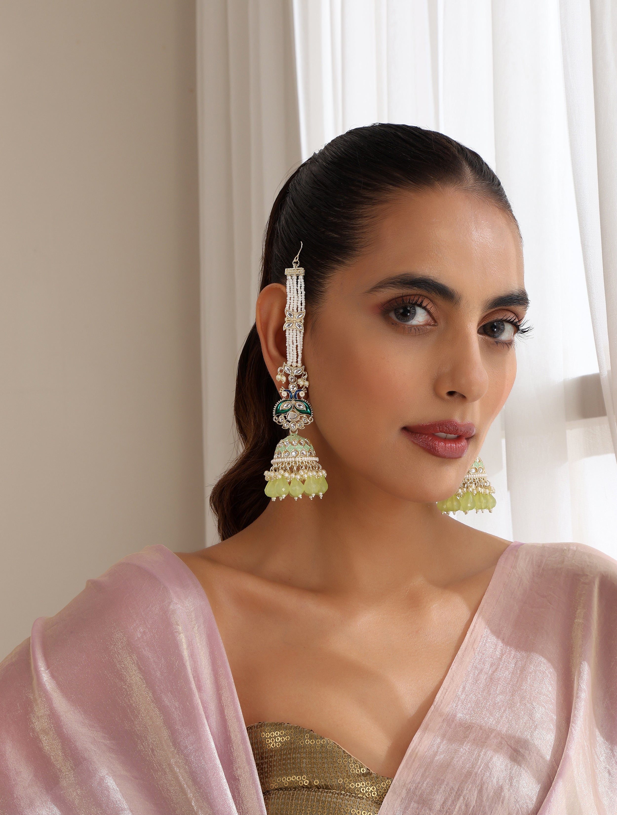 Pista Green Color Meenakari Kundan Jhumka