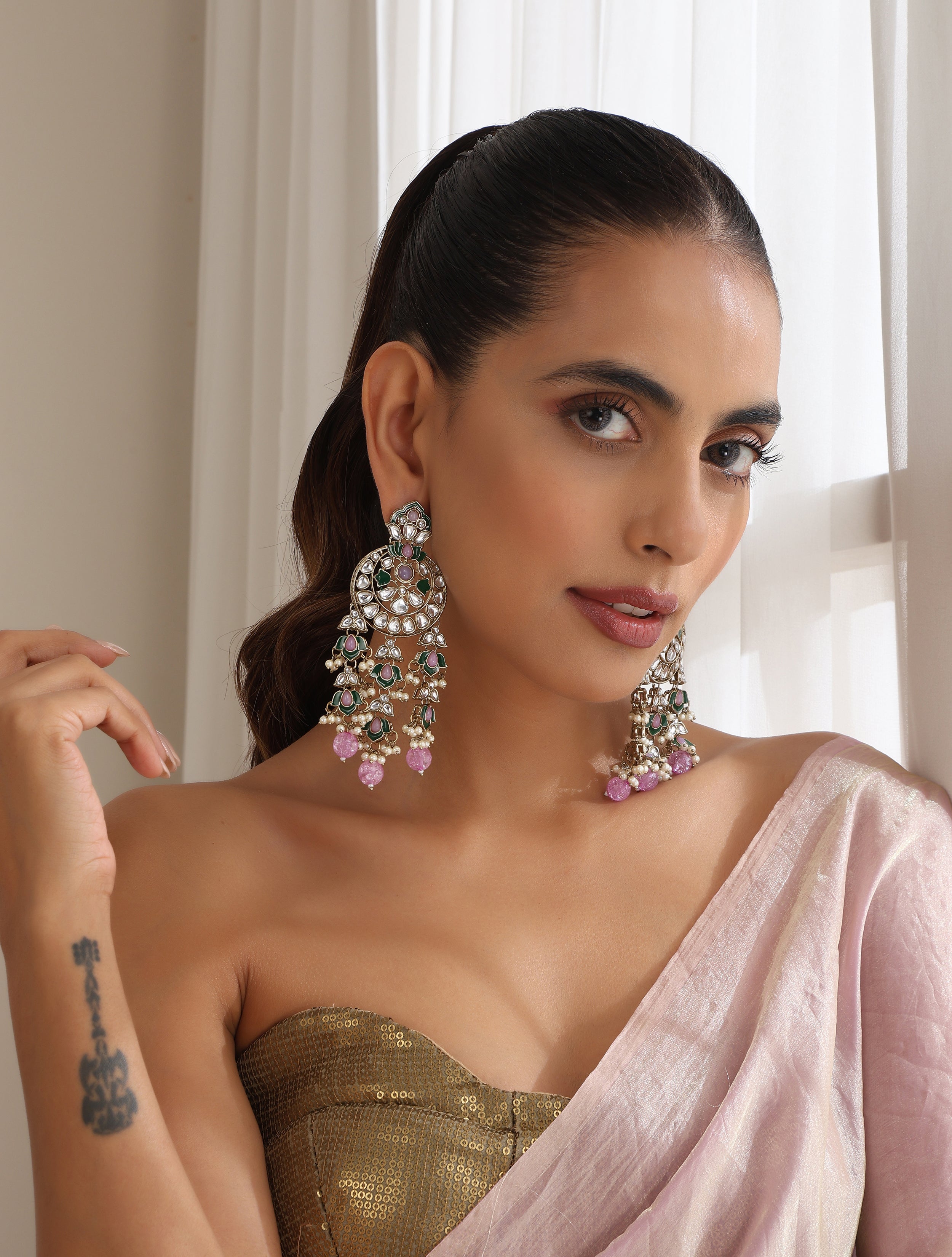 Light Purple Color Kundan Long Earrings