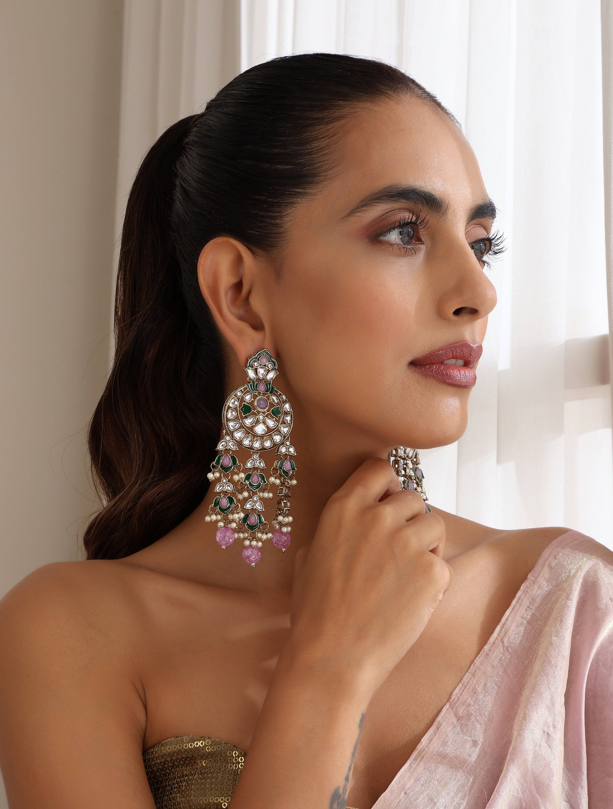Light Purple Color Kundan Long Earrings